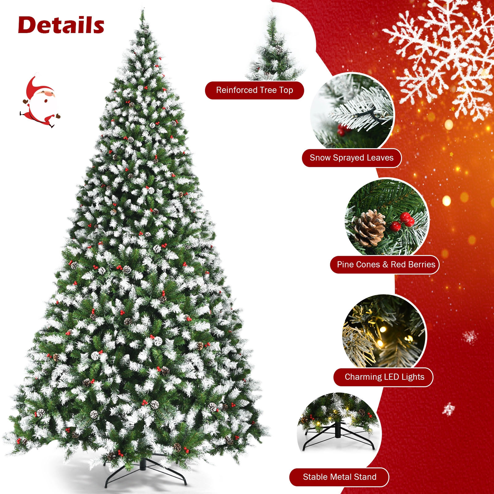 Glintex 9-Ft Pre-Lit Flocked Christmas Tree with 900 LEDs and 4 Sections, Green