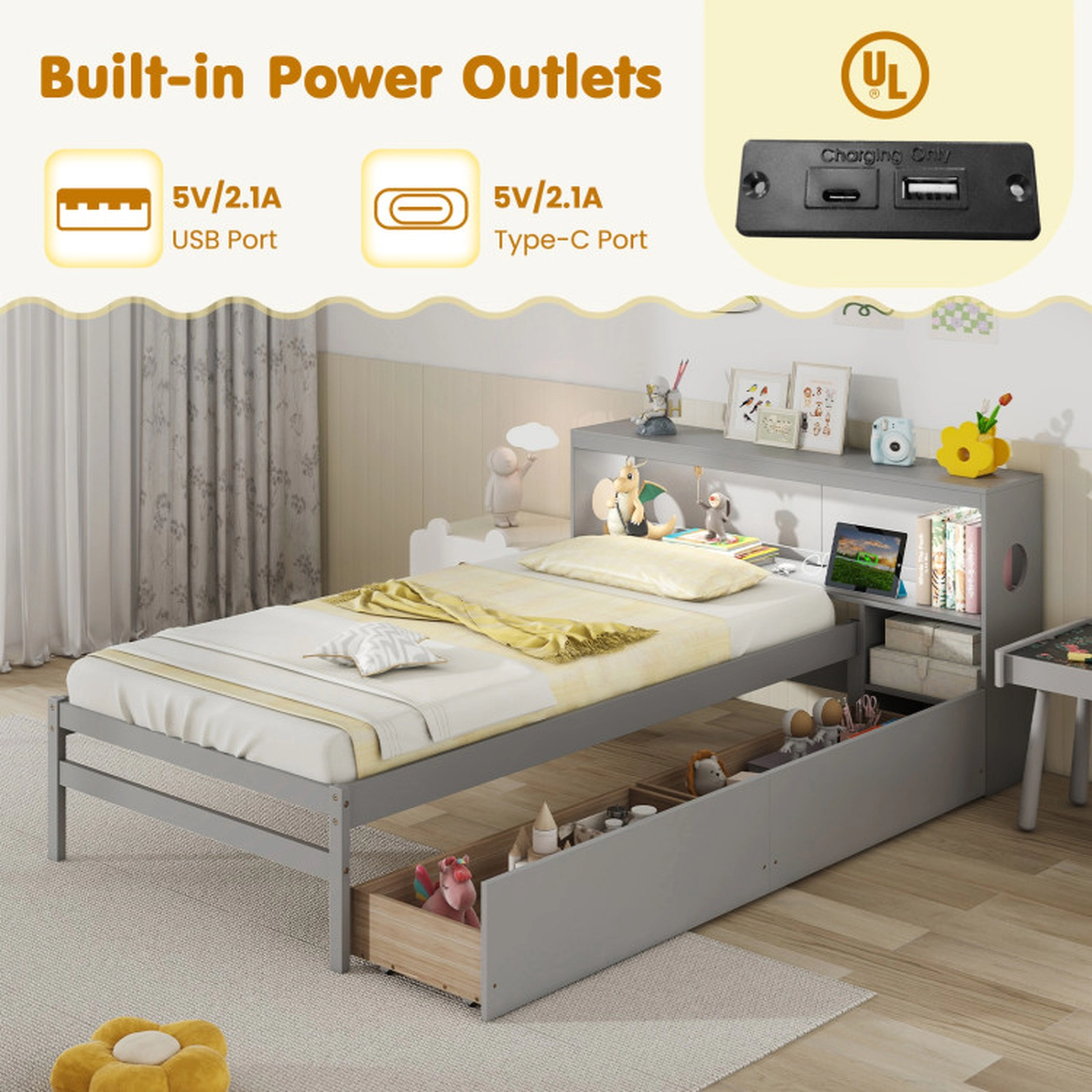 SUGIFT Gray LED Light Bookcase Headboard Drawers and USB Ports Twin Size Bed Frame