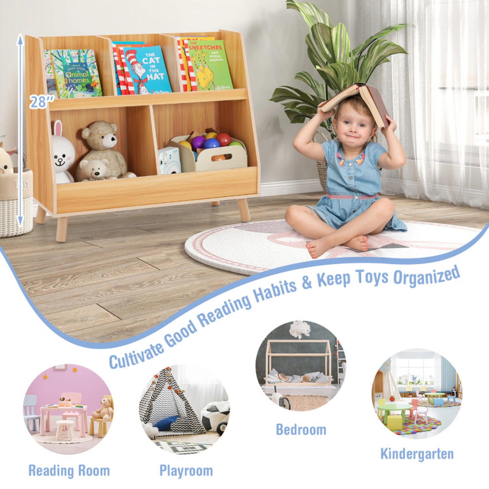 SUGIFT 5-Cube 68-lb Capacity 28-in Kids Bookshelf and Toy Organizer with Anti-Tipping Kits and Wood Legs