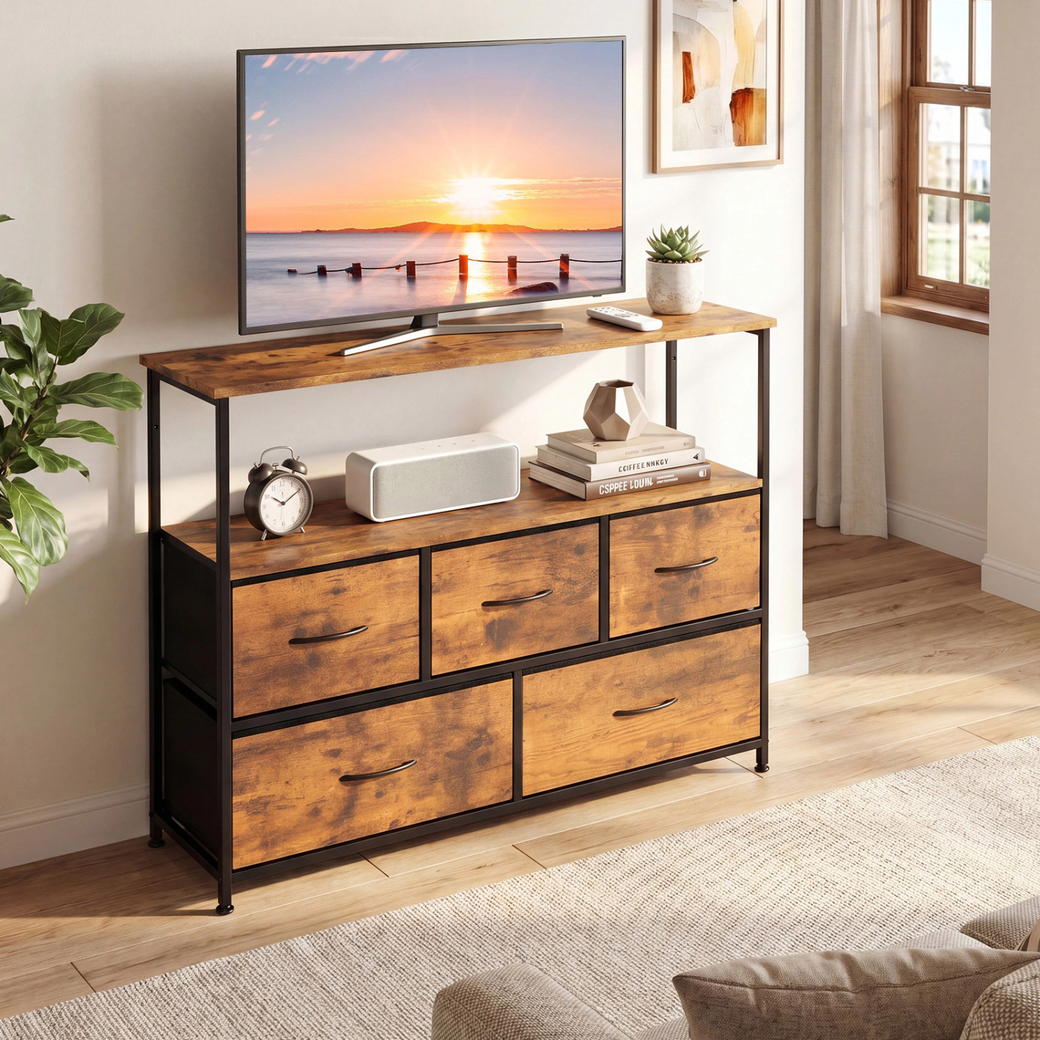 SUGIFT 39.5-in TV Stand Dresser for TVs up to 45 in, 5 Fabric Drawers, Open Shelf