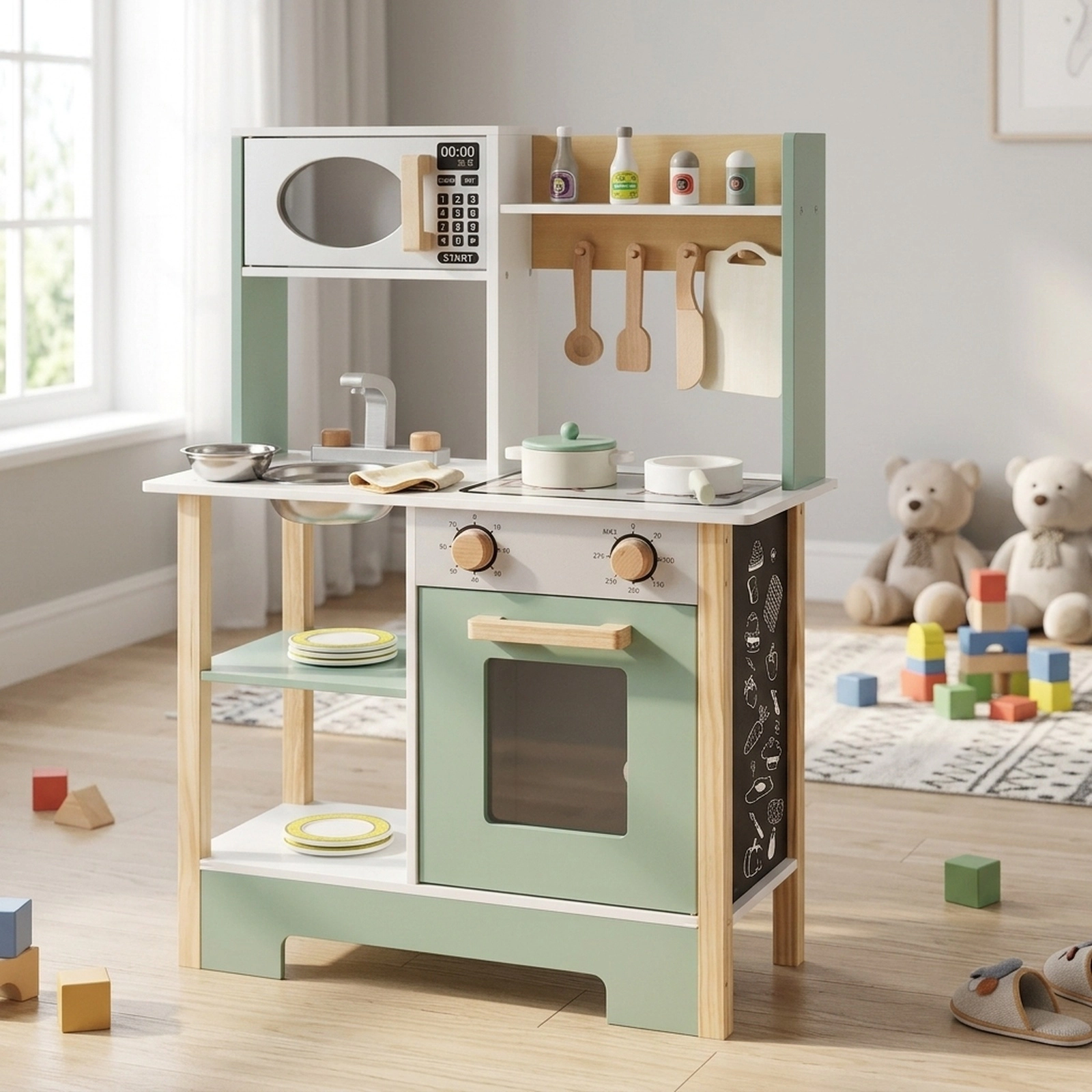Wooden Play Kitchen with Built-In Chalkboard Dish Rack Spice Rack and 4 Hooks 24-in x 10-in x 33.5-in Green