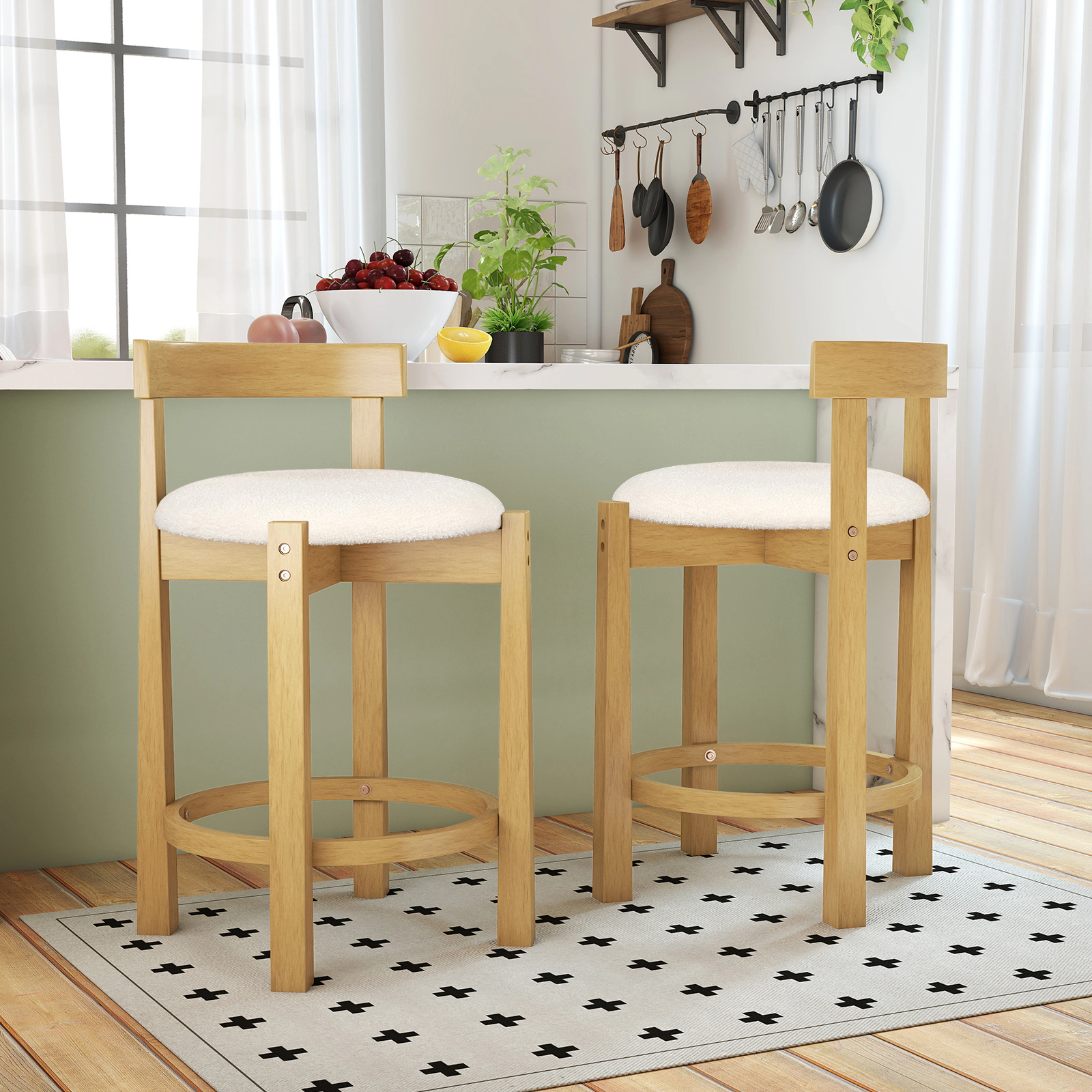 SUGIFT Teddy Velvet Round Seat and Rubber Wood Frame Natural 24 in Counter Stools