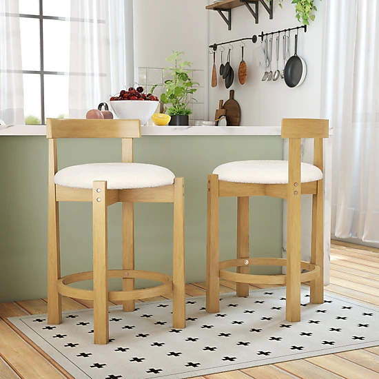 SUGIFT Set of 4 Teddy Velvet Round Seat and Rubber Wood Frame 24-in ...