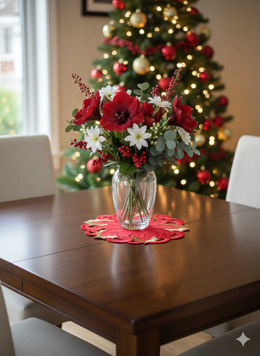 Jiallo Poinsettia and Green Leaf Embroidered Cutwork Rectangular Table Runner, 13 by 27 inch