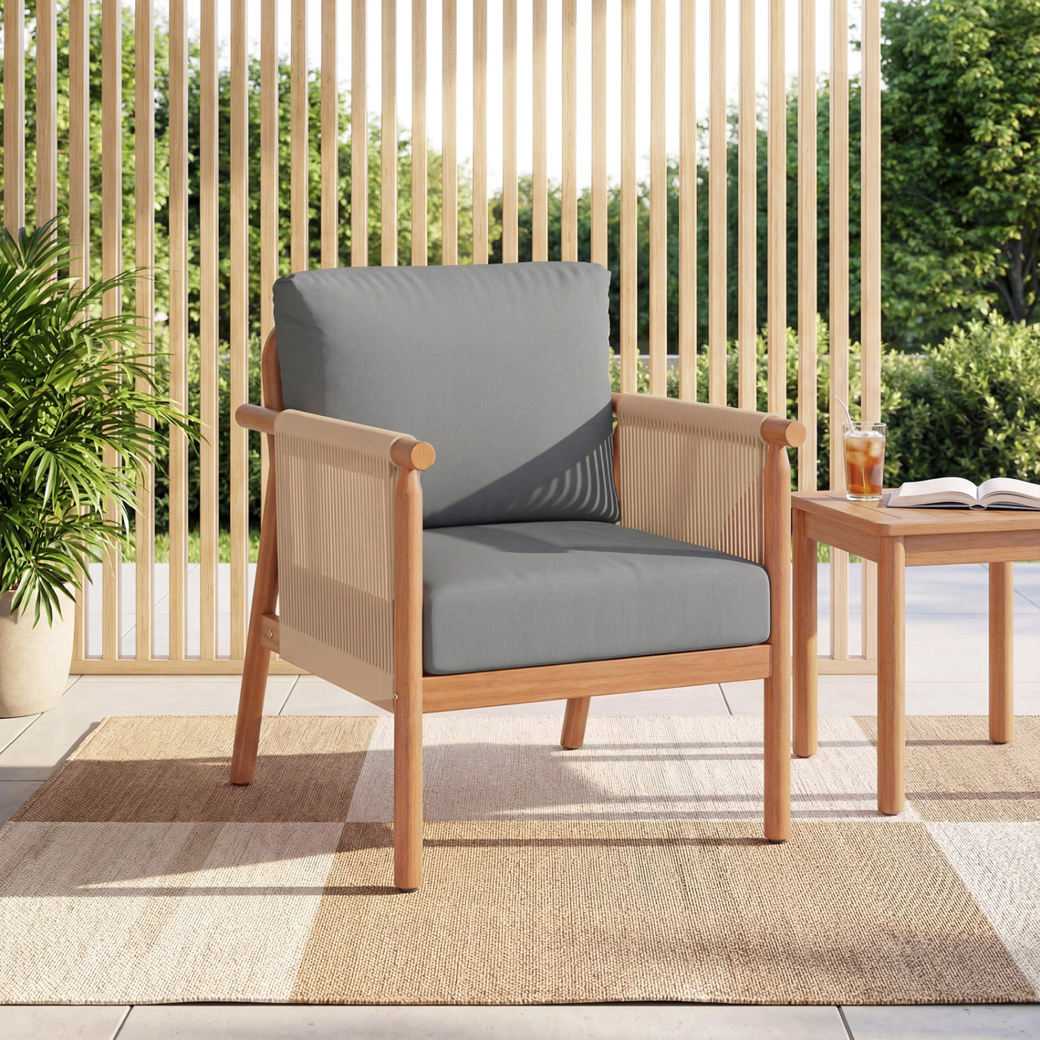 LJG Patio Acacia Wood Chair with Woven Rope Armrests and Seat Back Cushions for Backyard