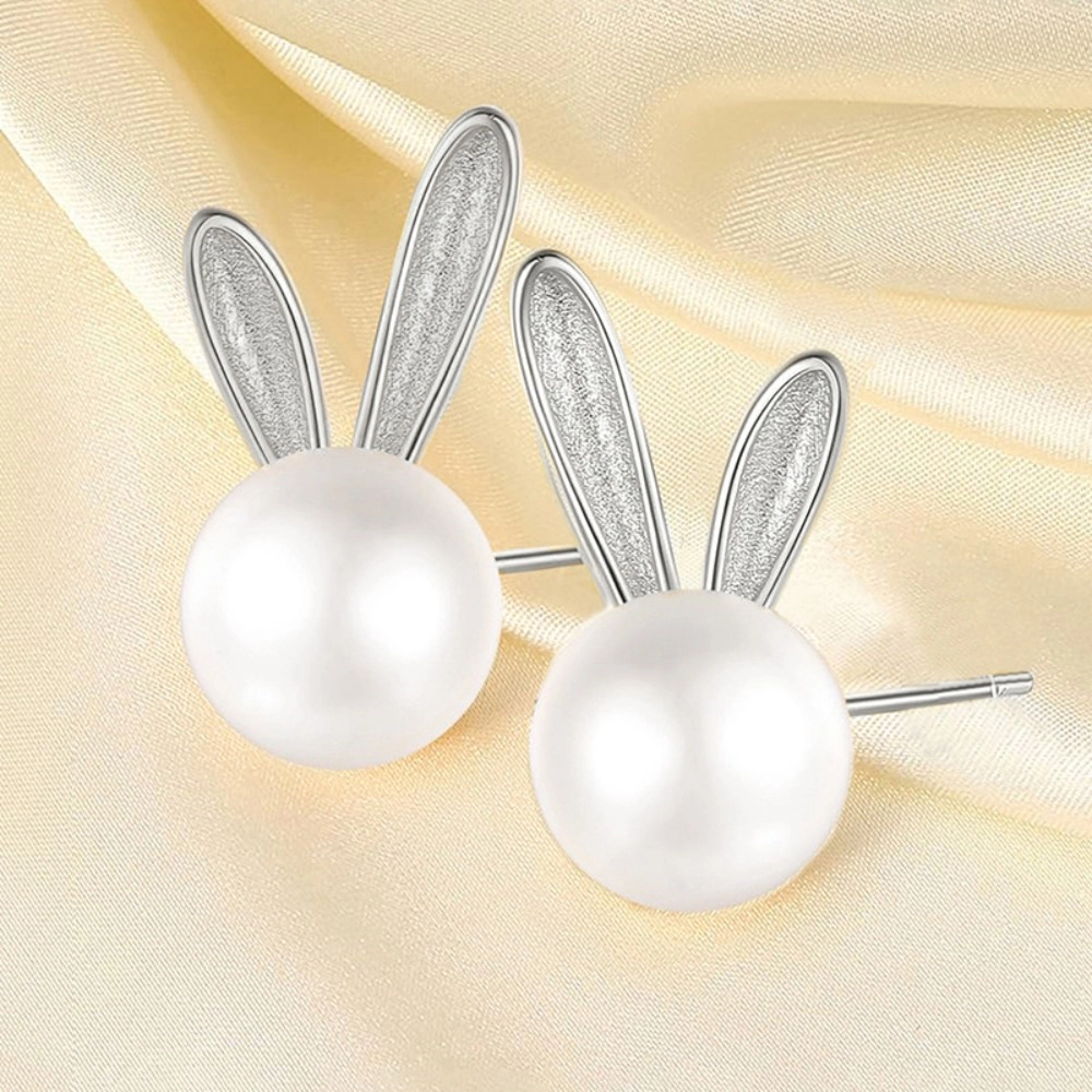 Wardrobe Whimsy Dainty Long Bunny Ear Imitation Pearl Stud Earrings Cute Animal Fashion Jewelry