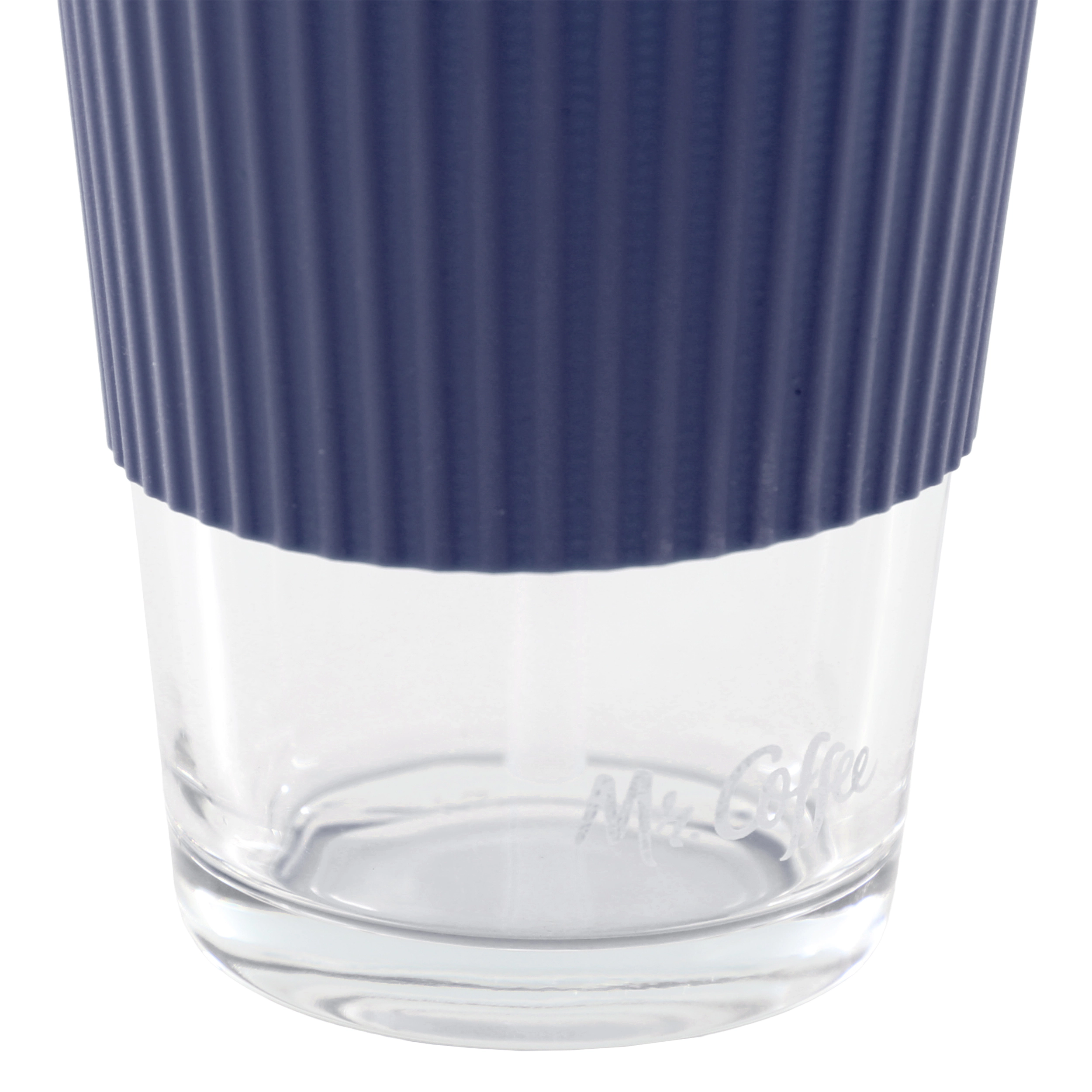 Mr. Coffee Sip Savvy 4 Piece 15 Ounce Silicone Sleeve Glass Cup Set w/ Lid and Straw Navy