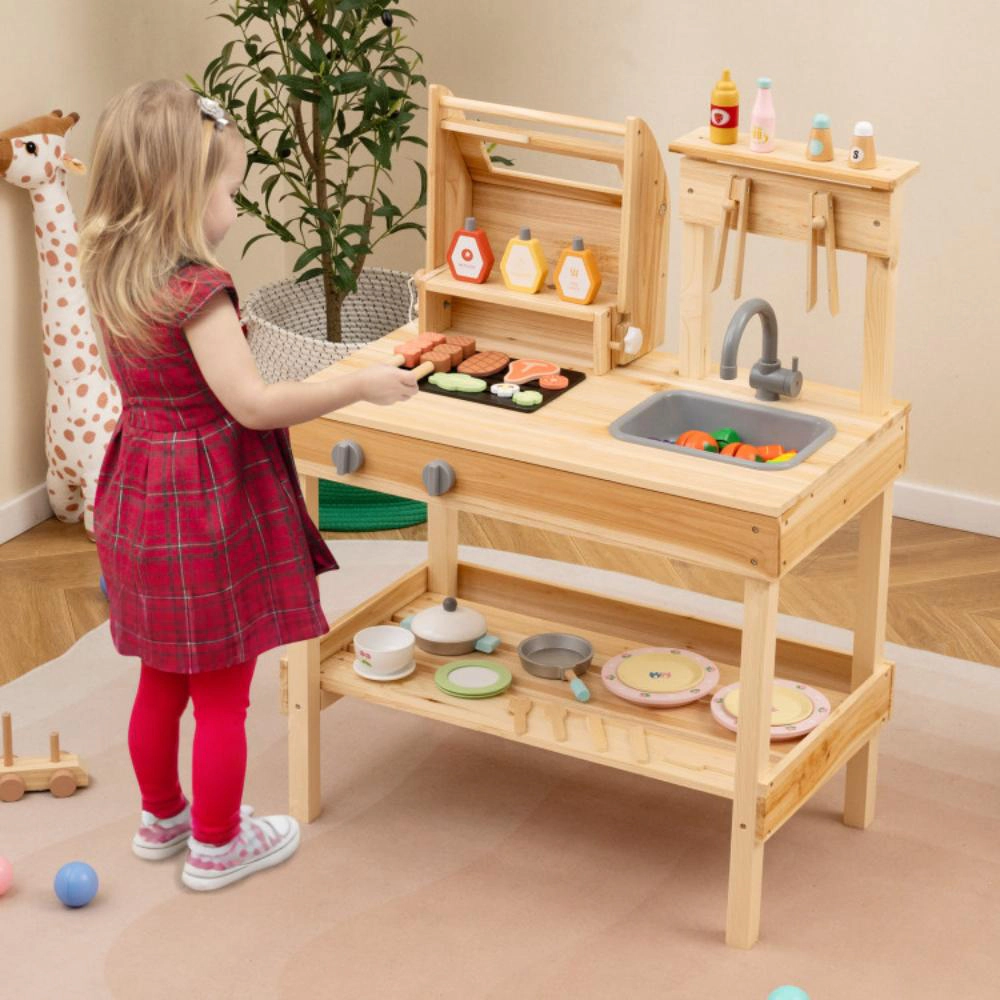 Hivvago Wooden Barbecue Grill Playset with Play Food and Open Shelves-Natural