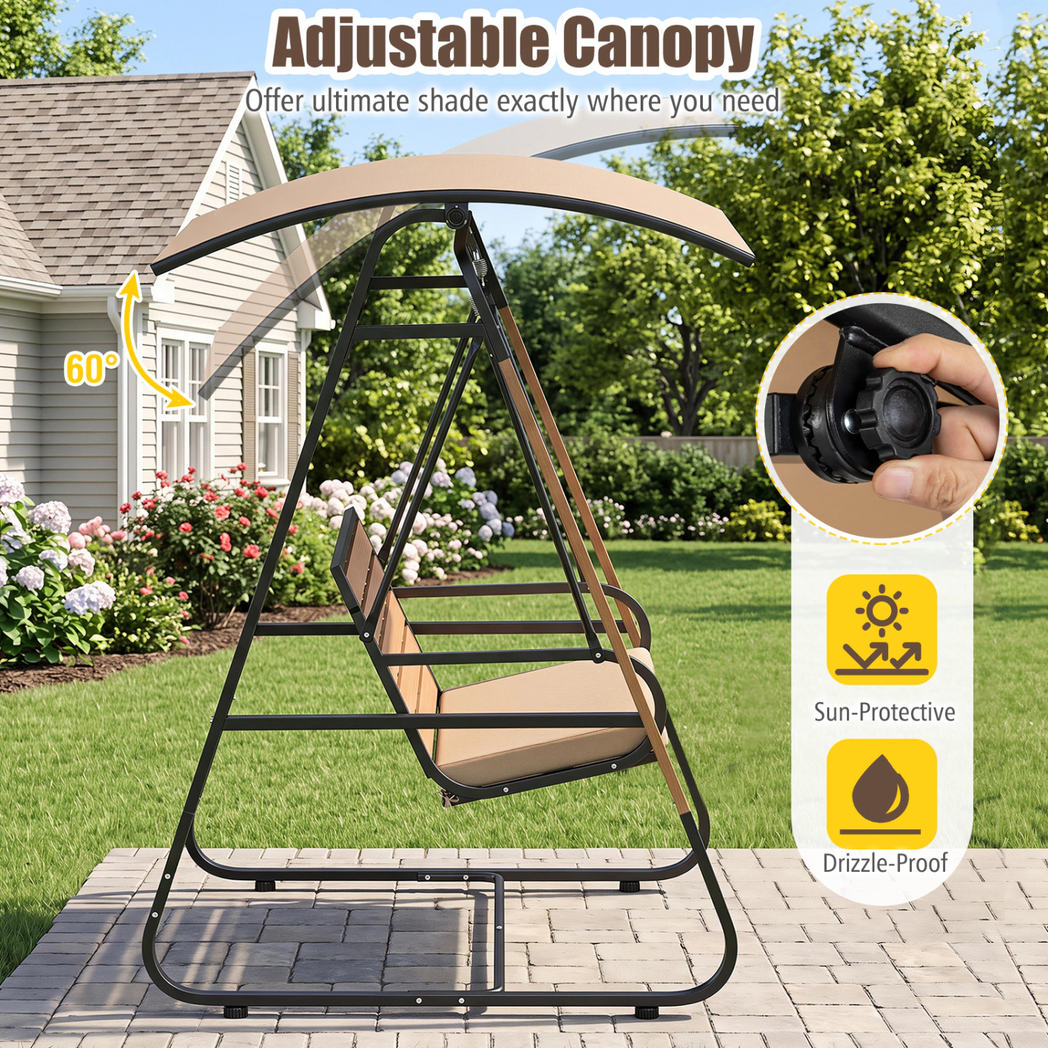 LJG 3-Person Porch Swing Outdoor with Adjustable Canopy