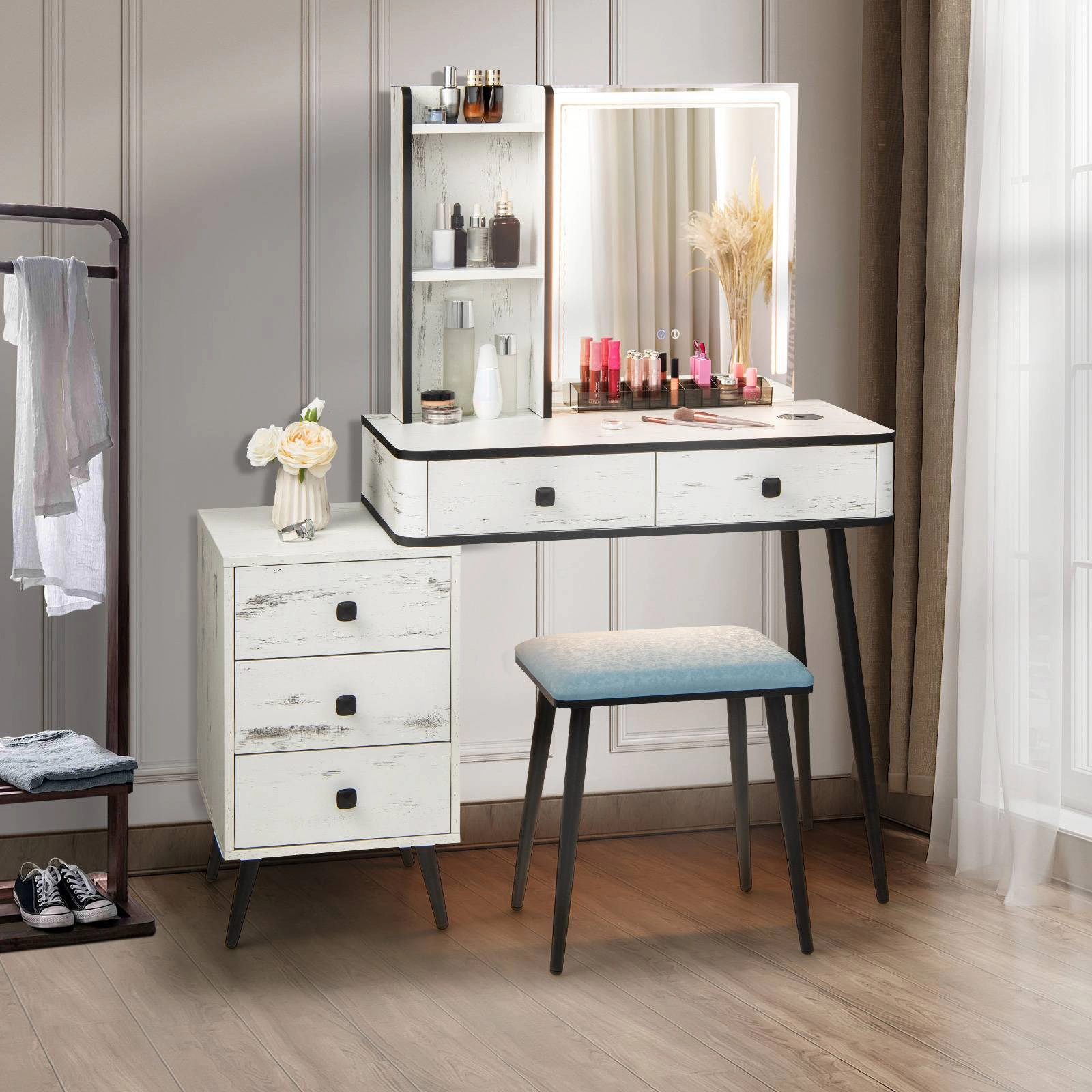 SUGIFT LED Lighted Mirror Vanity Makeup Table Set with Charging Station 110-lb Tabletop 330-lb Stool Capacity 4-Piece