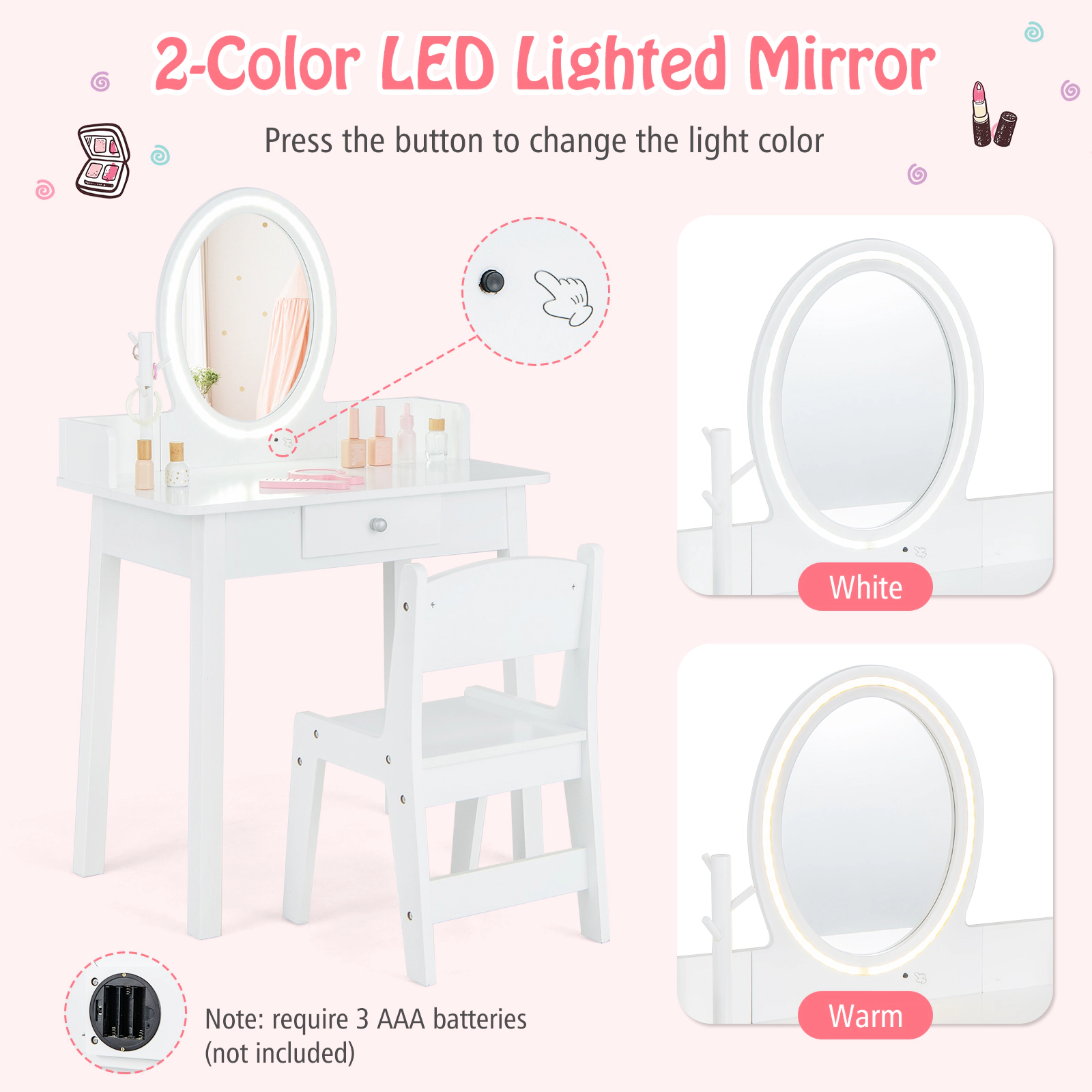 SUGIFT Kids Vanity Table and Stool Set with Lighted Removable Mirror and Drawer in White