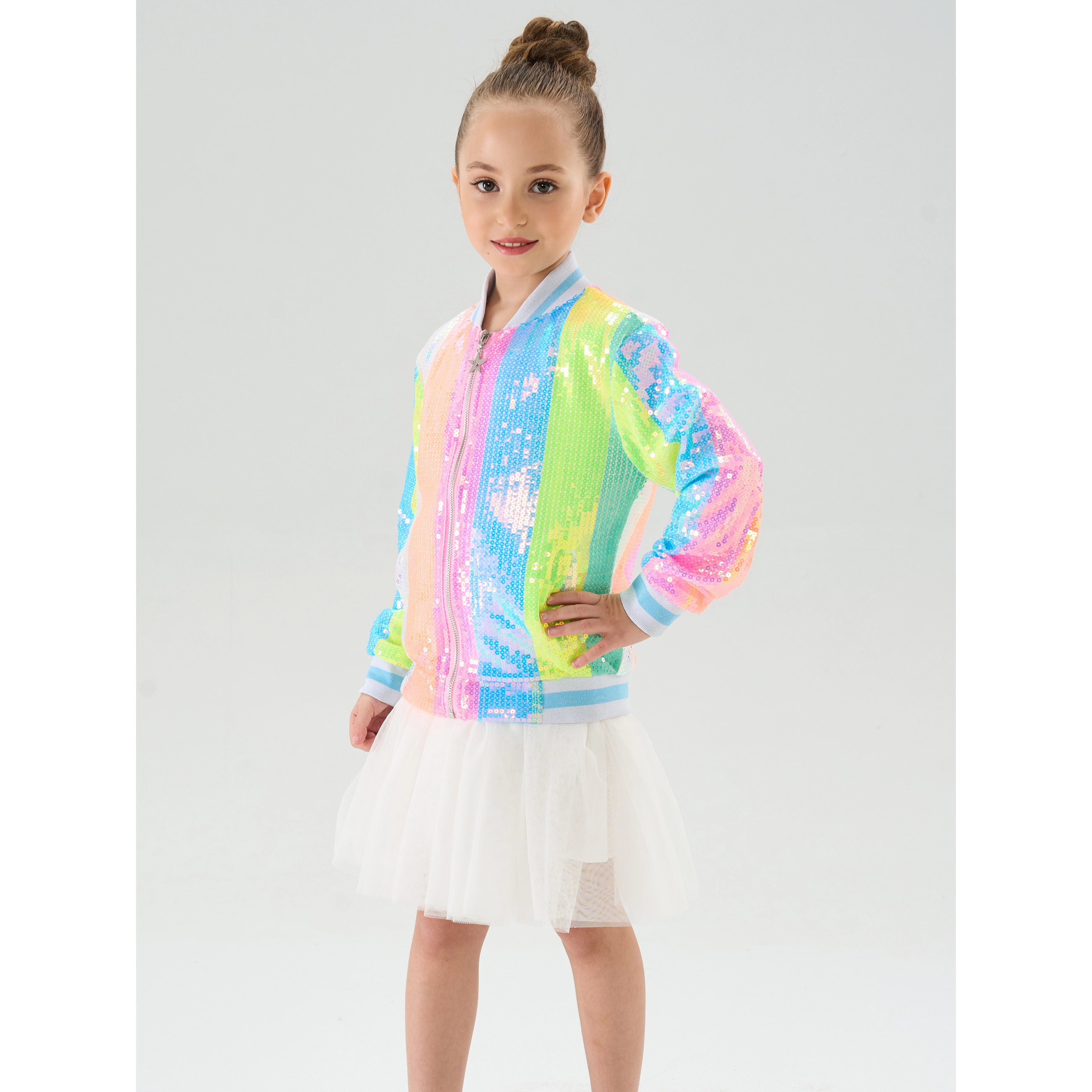 2Bunnies Girls’ Neon Pastel Stripe Sequin Bomber Jacket