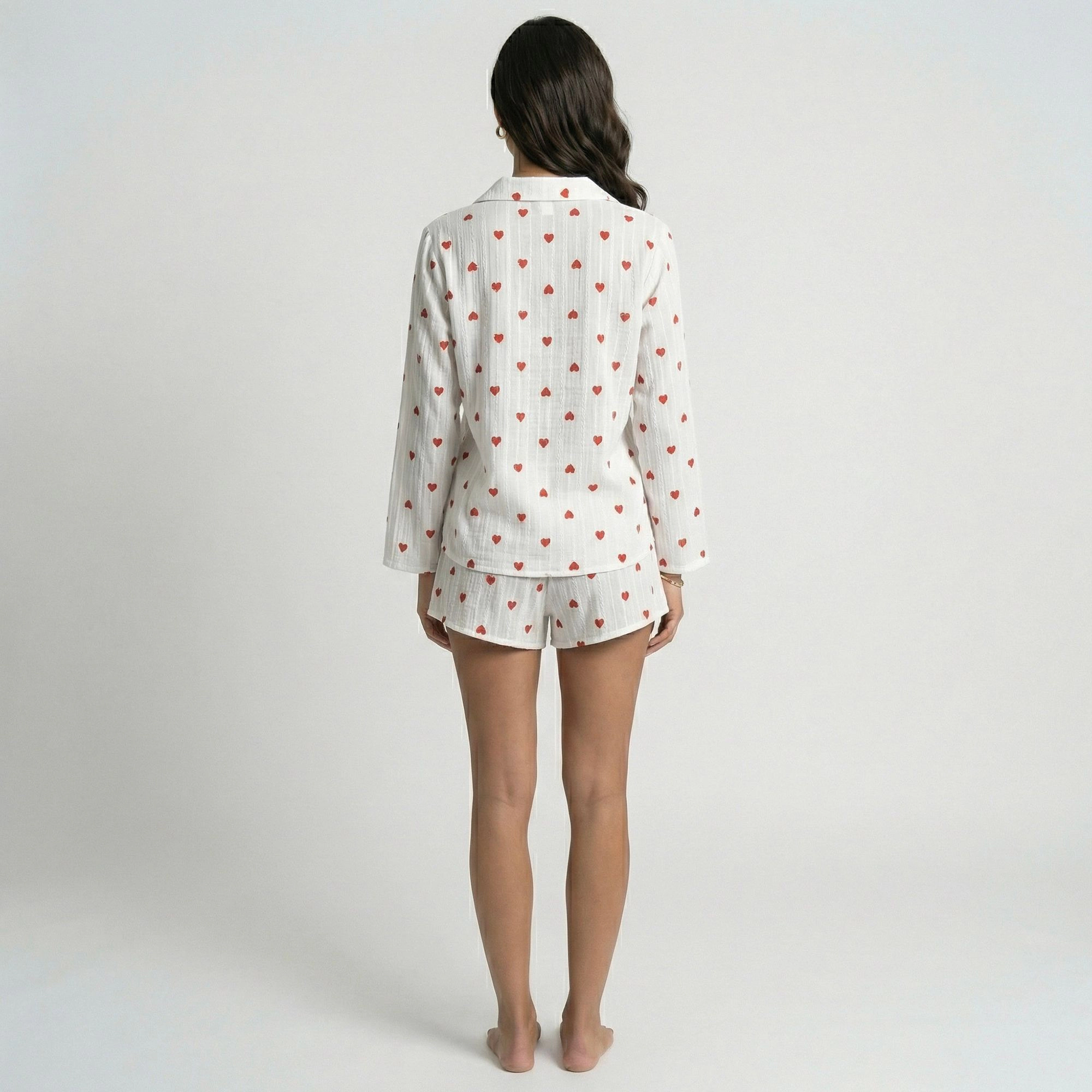 Anna-Kaci Women's Valentine Long Sleeve Heart Print Tie Front Top and Matching Shorts Loungewear Set