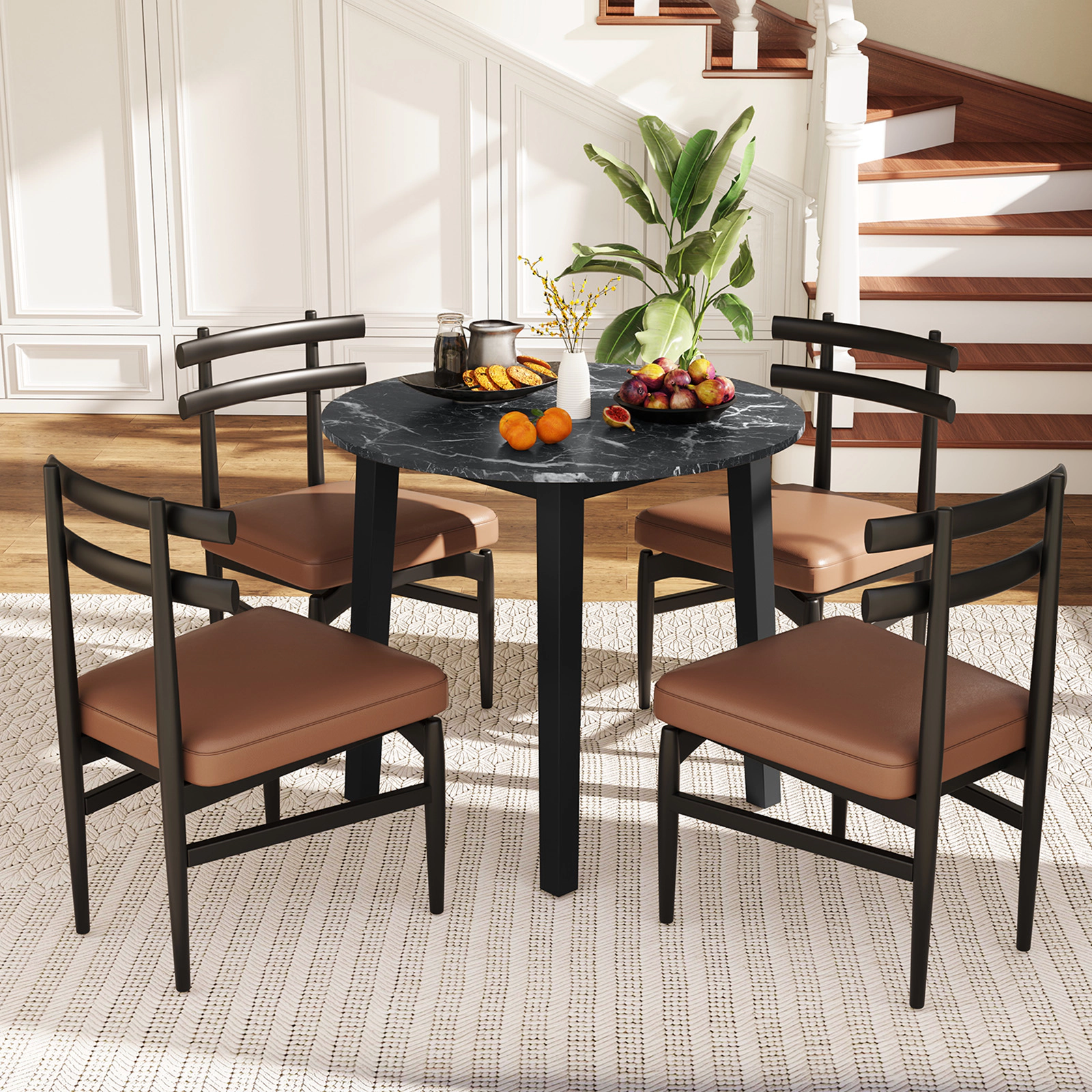 SUGIFT 35-Inch Black Round Dining Table for 4, Marble-Textured Top