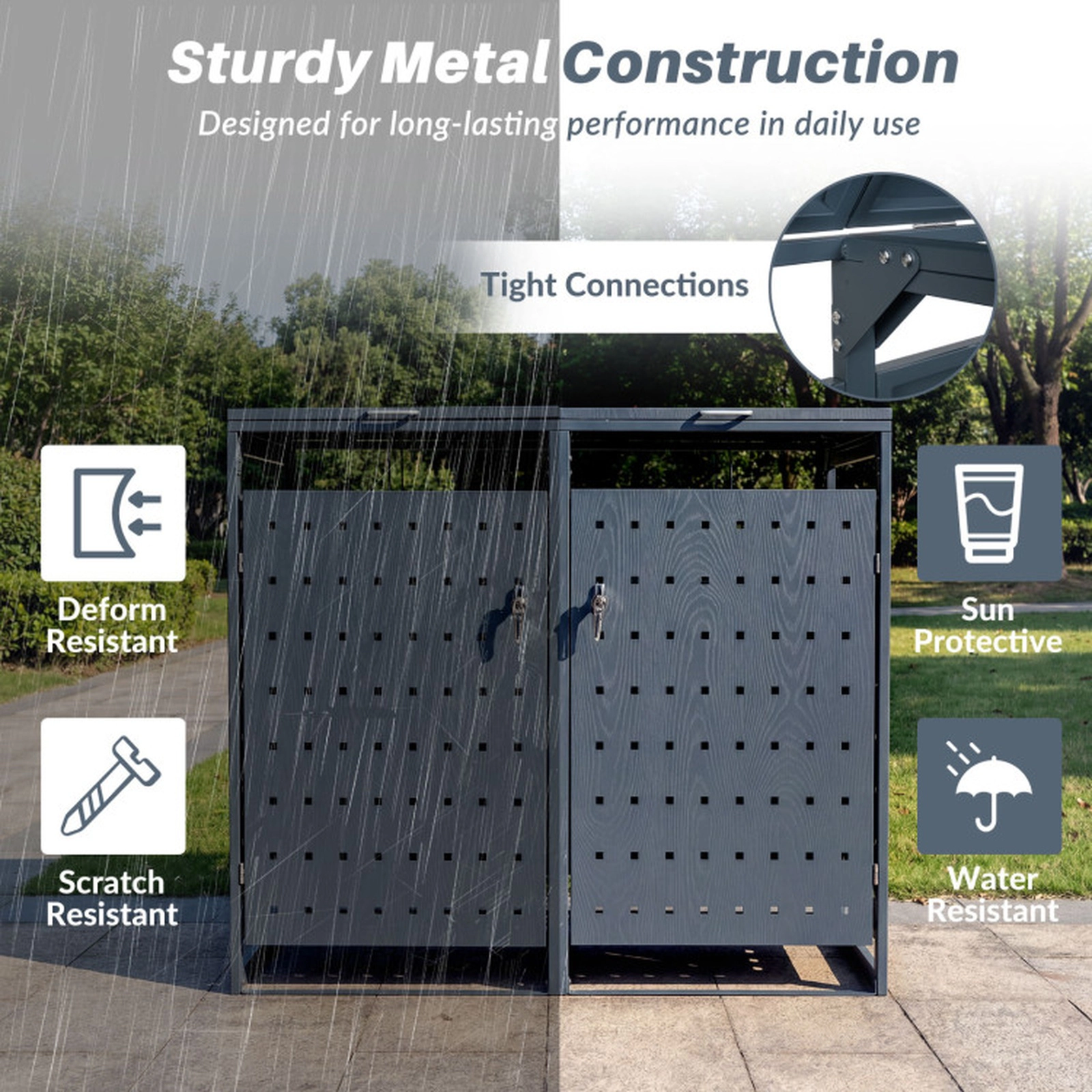 SUGIFT Outdoor Metal Garbage Bin Storage Shed for 2 Trash Cans 46-in Tall Double Trash Can Enclosure Gray