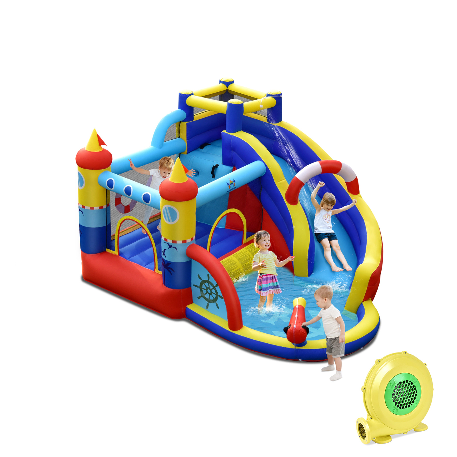 SUGIFT Nautical Inflatable Bounce Castle with Water Slide Climbing Wall Splash Play and 450W Blower