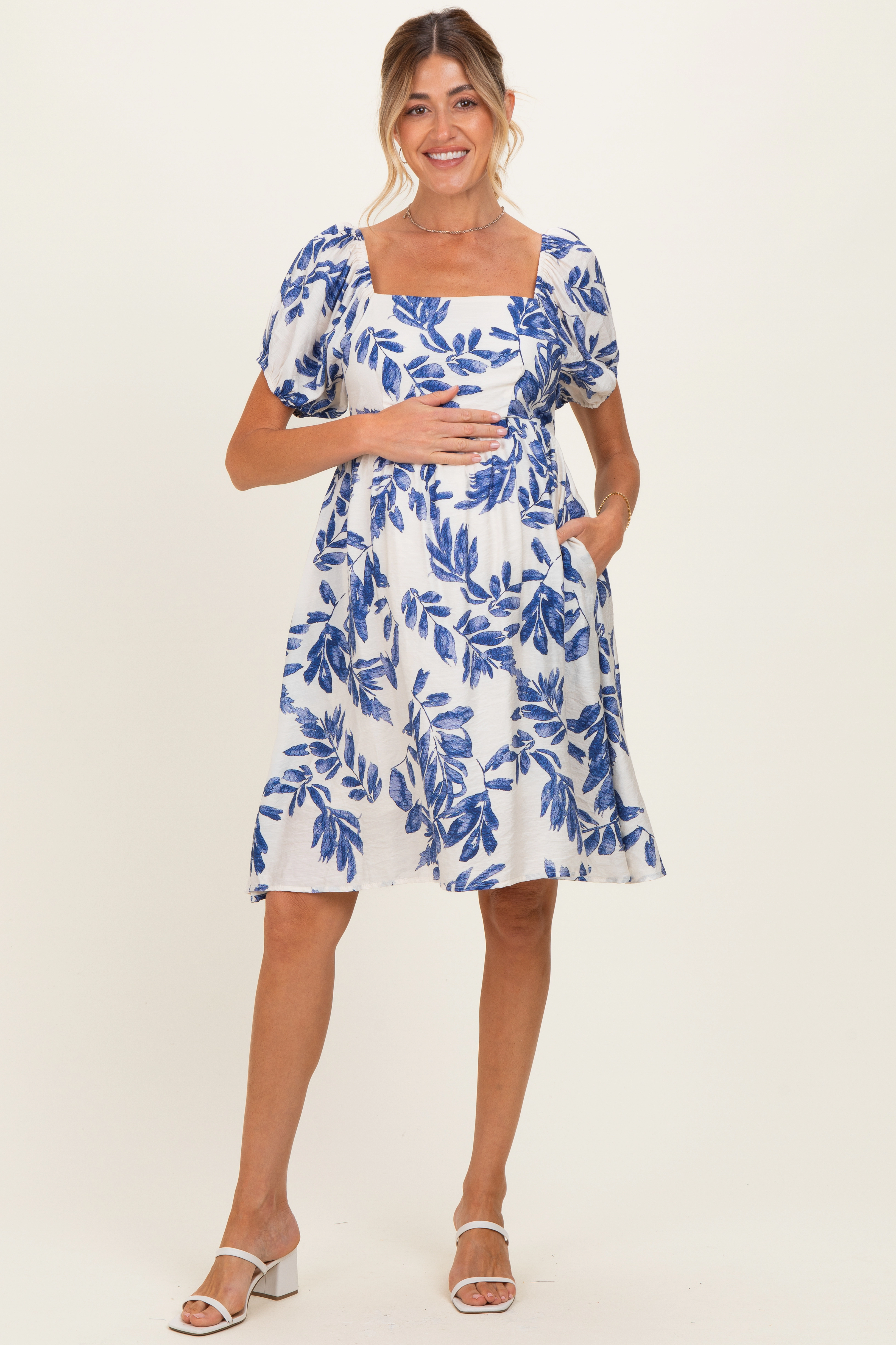 PinkBlush Womens Blue Floral Puff Sleeve Maternity Dress