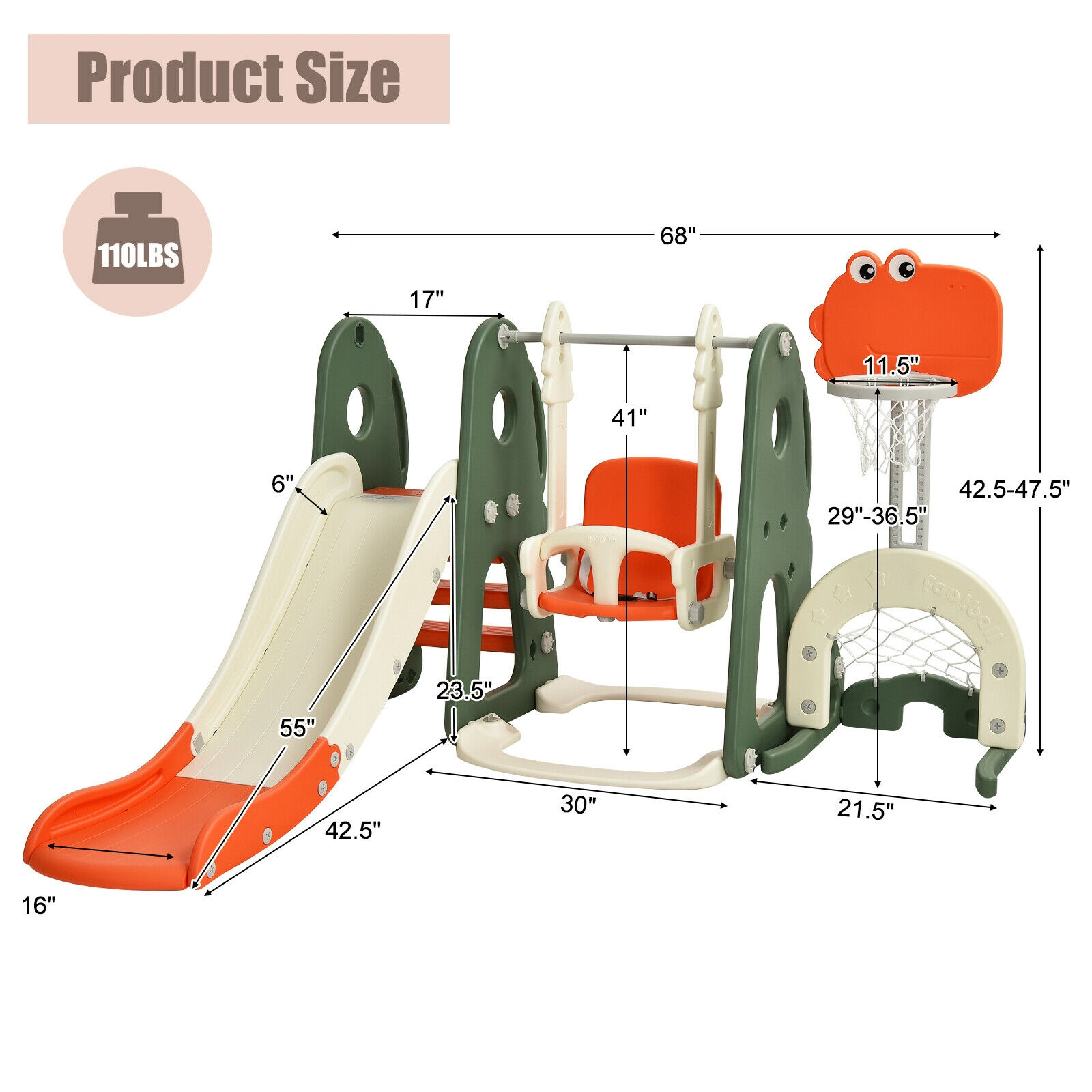 SUGIFT 6-in-1 44-lb Capacity Toddler Slide and Swing Set with Basketball Hoop Football Gate and Golf Hole