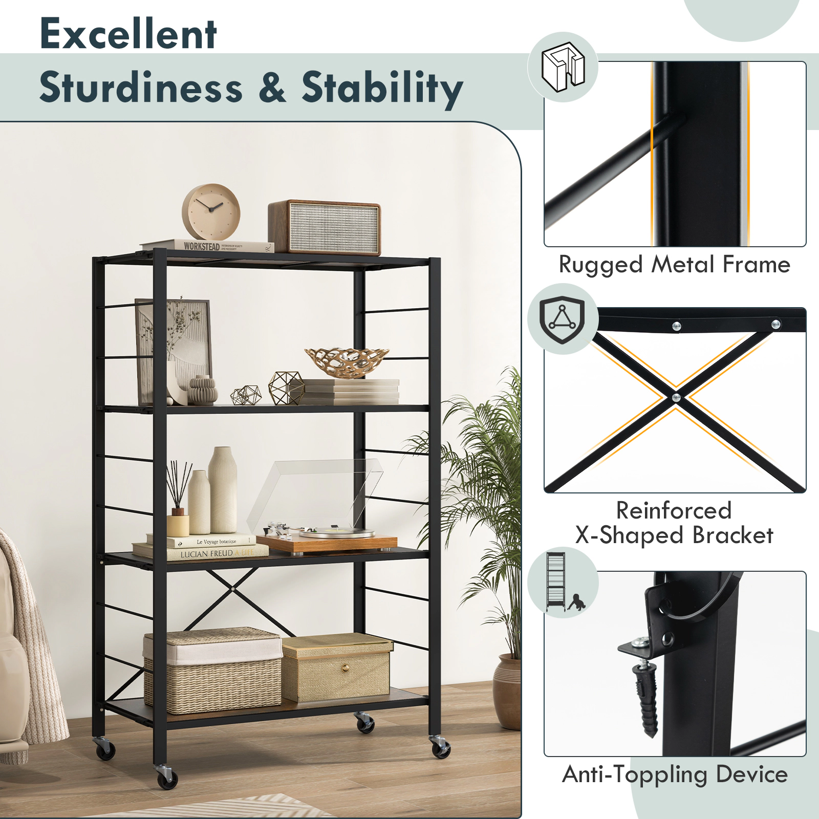 SUGIFT 4-Tier Foldable Storage Shelf with Wheels 180-lb Capacity Black + Rustic Brown