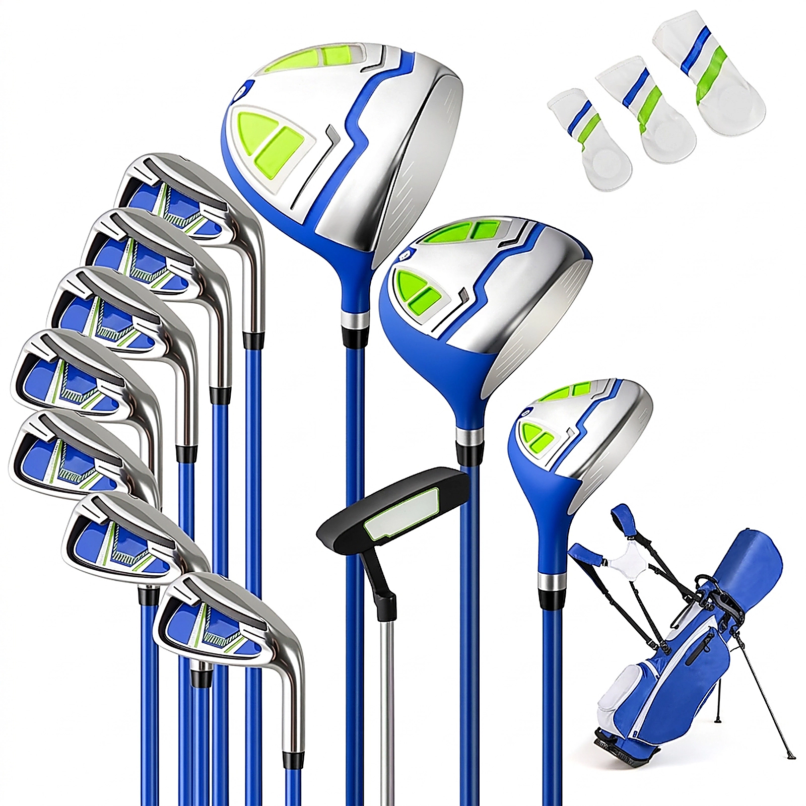 SUGIFT Complete Men’s Golf Stand Bag with Full Club Set Headcovers and Putter 5-lb Sports Bag Blue/White