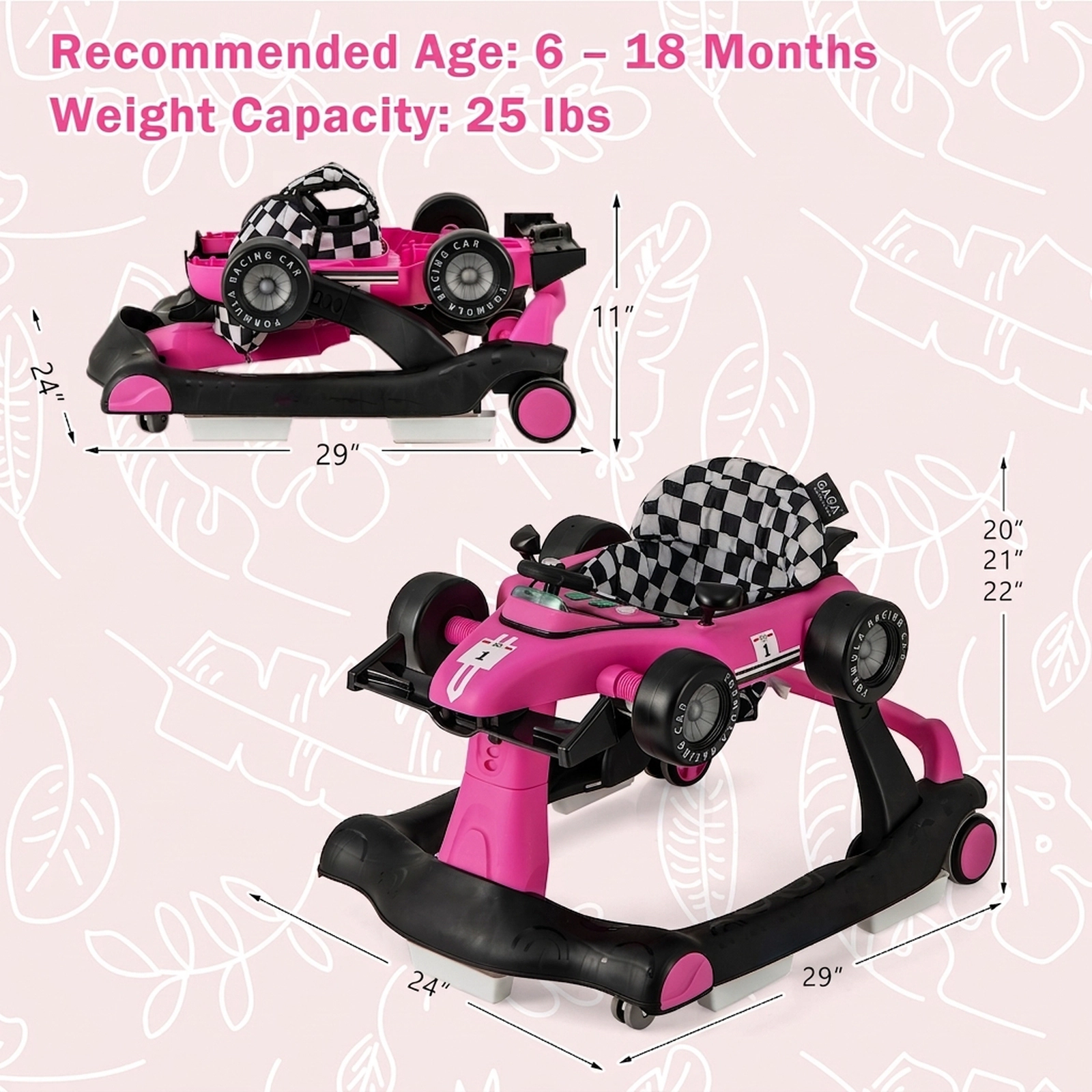 SUGIFT 4-in-1 Foldable Activity Push Walker with Adjustable Height 25-lb Capacity Ages 6-18 Months Pink