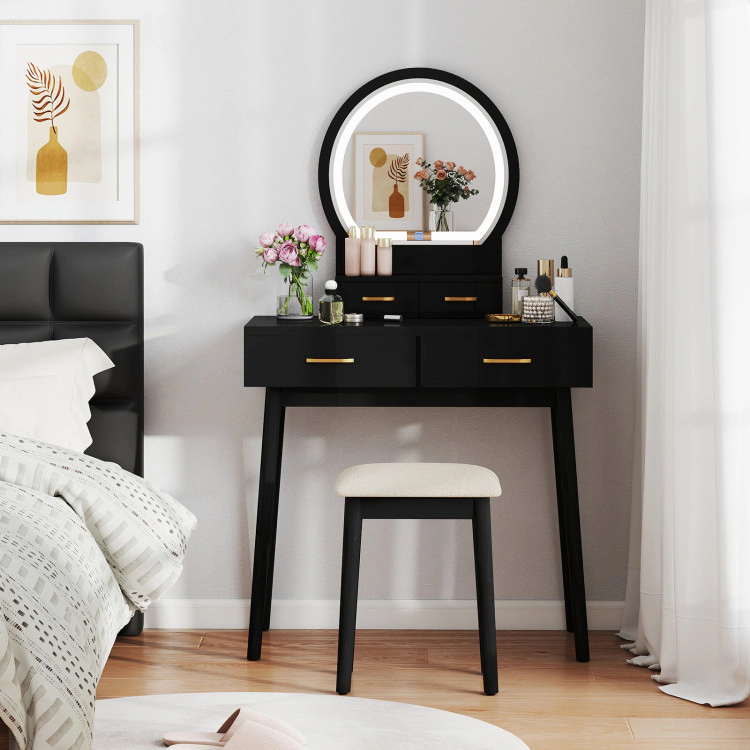 Hivvago Small Vanity Makeup Dressing Table Set With Cushioned Stool And Led Lighted Mirror
