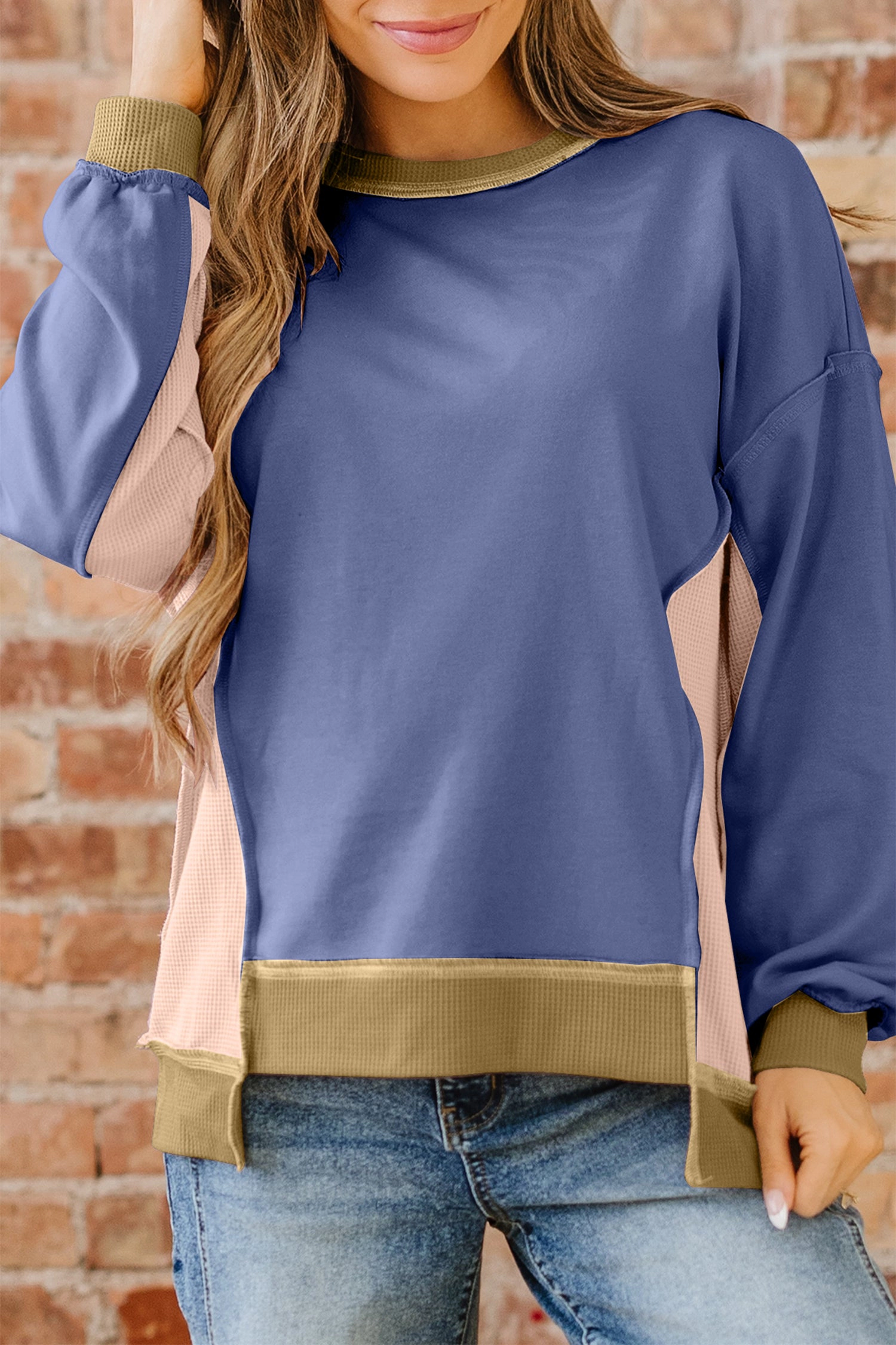 Threaded Pear Women's Alaina Waffle Patchwork Oversize Sweatshirt