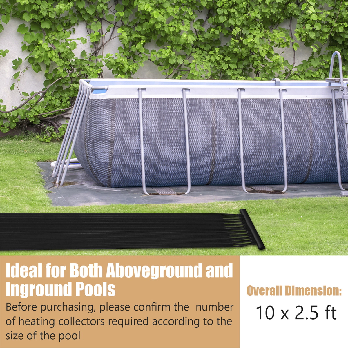 SUGIFT Weatherproof Solar Swimming Pool Heating System 2.5-ft Wide 10/16.4/20-ft Length 2-Piece Black PE Collectors