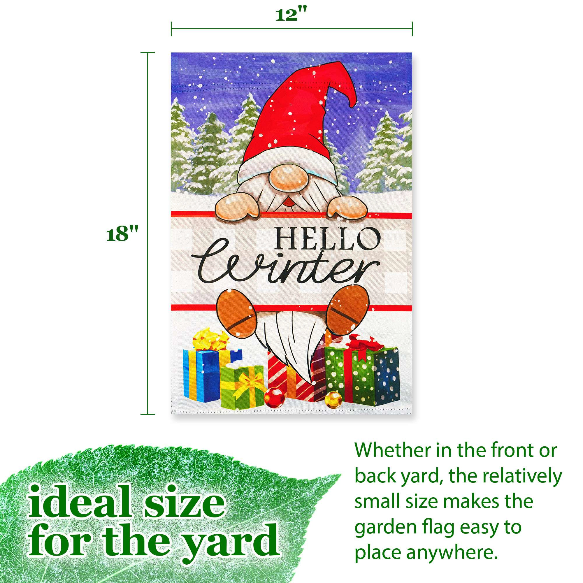 G128 Hello Winter Gnome Garden Flag 12x18 in Double-Sided Outdoor Lawn Decoration