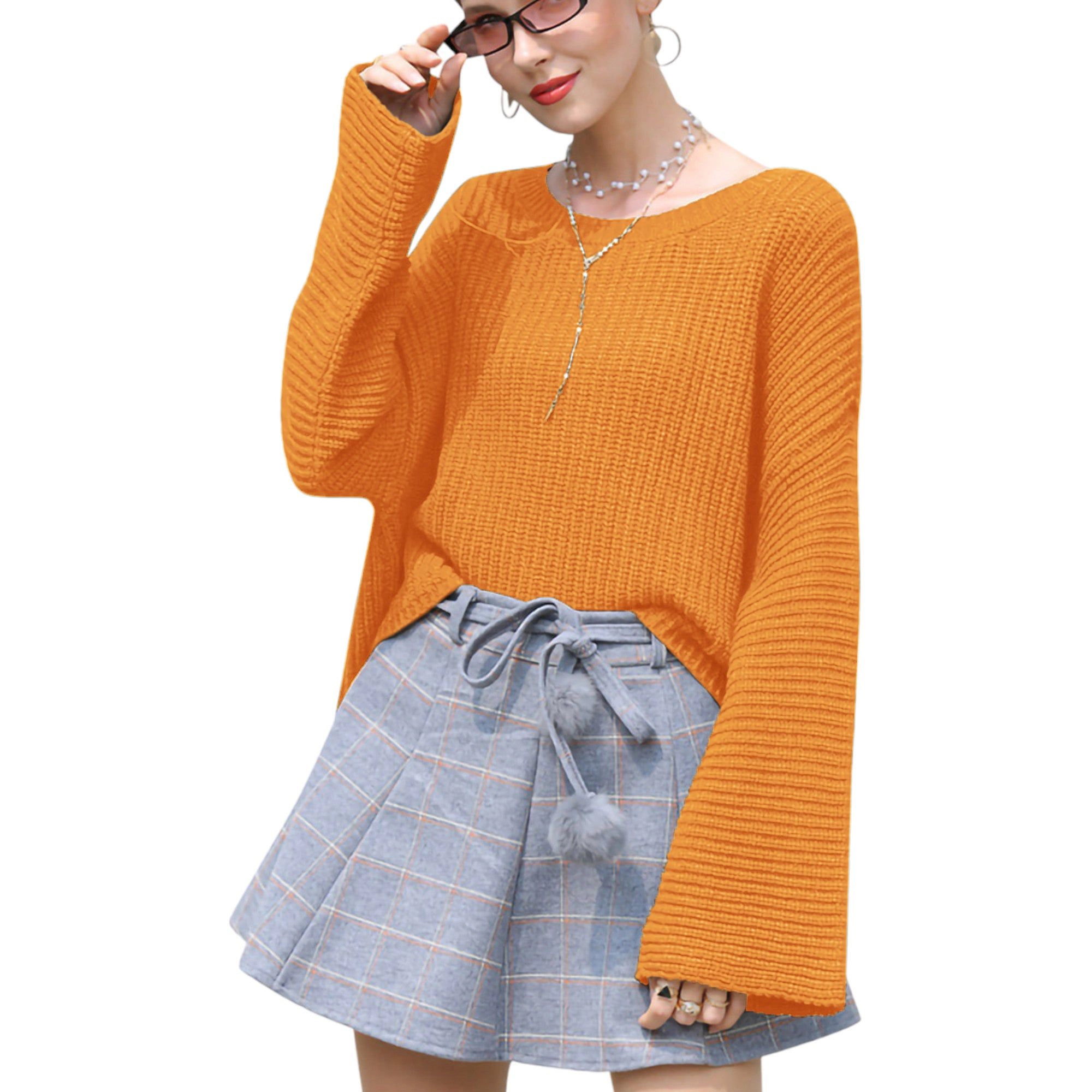 Anna-Kaci Women's Solid Round Neck Lantern Sleeve Relaxed Fit Pullover Knit Sweater