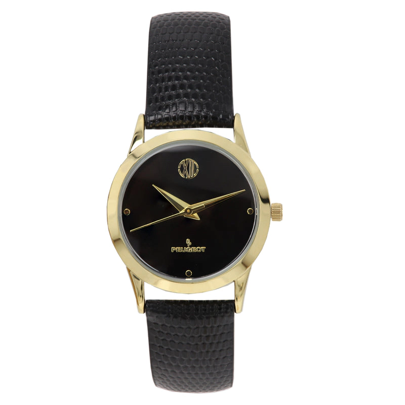 Peugeot Womens Wafer Slim Designer Status Watch Black Dial and Black Leather Strap