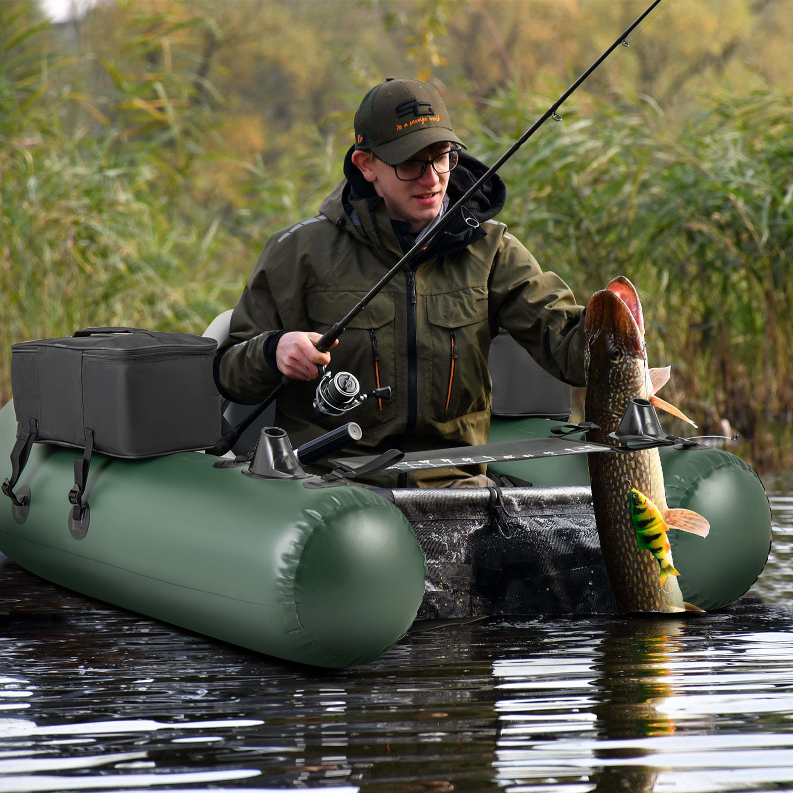 SUGIFT Inflatable Fishing Float Tube, 220 lb Capacity, 3 Air Chambers, Pump and Rod Holder
