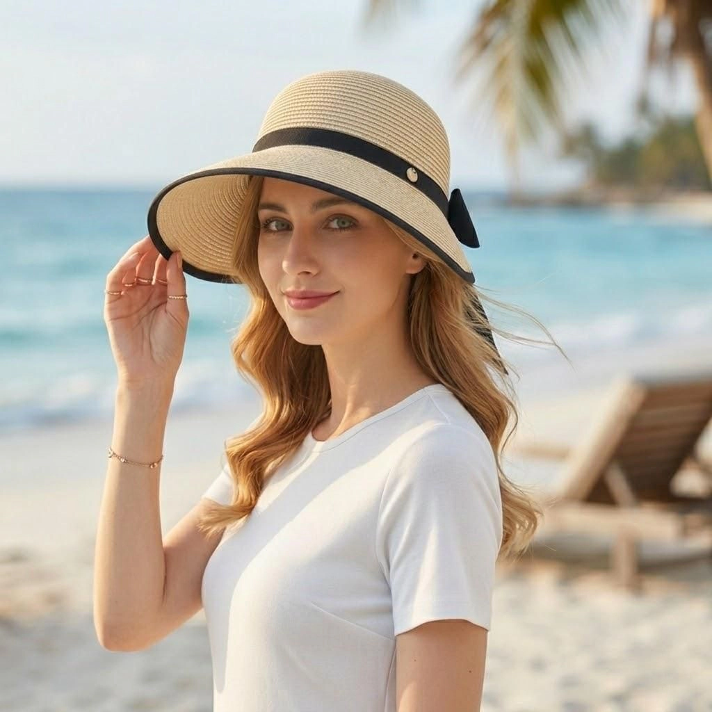 Anna-Kaci Women's Women Straw Sun Visor Hat Wide Brim Bow Ribbon Contrast Trim Adjustable Summer