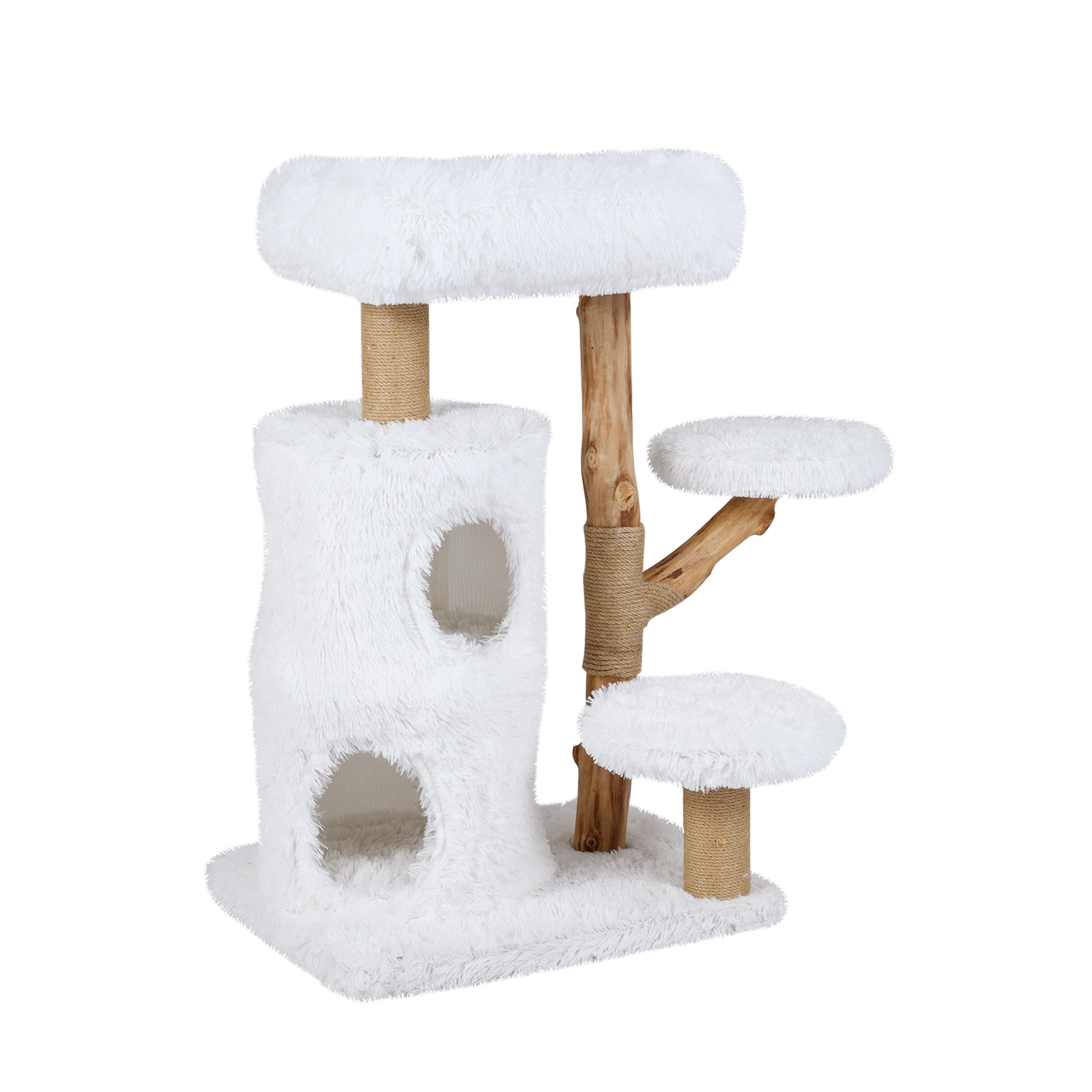 SUGIFT Modern 30.5-in Cat Tree Tower with Pear Wood Branches and Condos 33-lb Capacity White+Natural