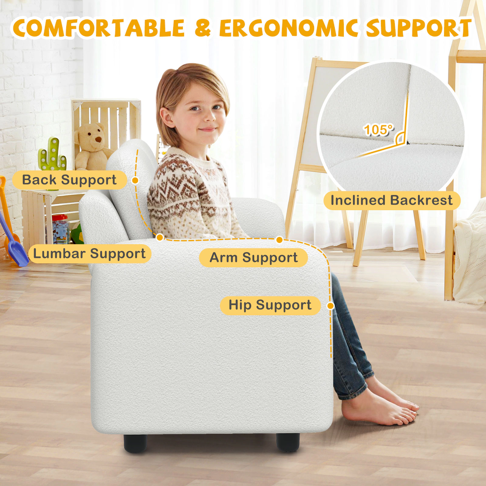 SUGIFT 2-Seat Kids Sofa Toddler Couch with Teddy Fleece Upholstery 330-lb Capacity Ages 3+ White