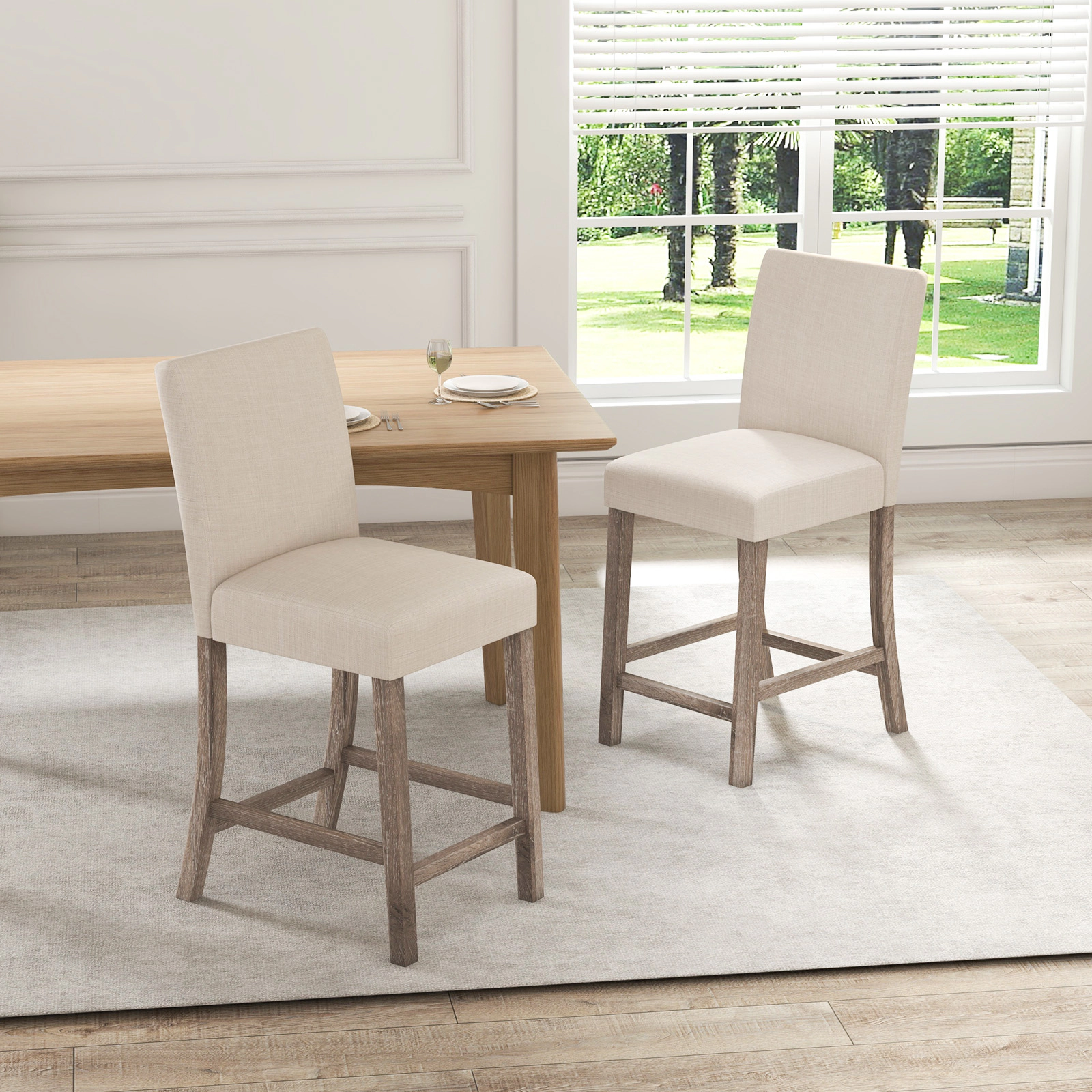 SUGIFT Set of 2 Beige Linen Upholstered Counter Height Bar Stools, 24.5-Inch Seat, Backrest