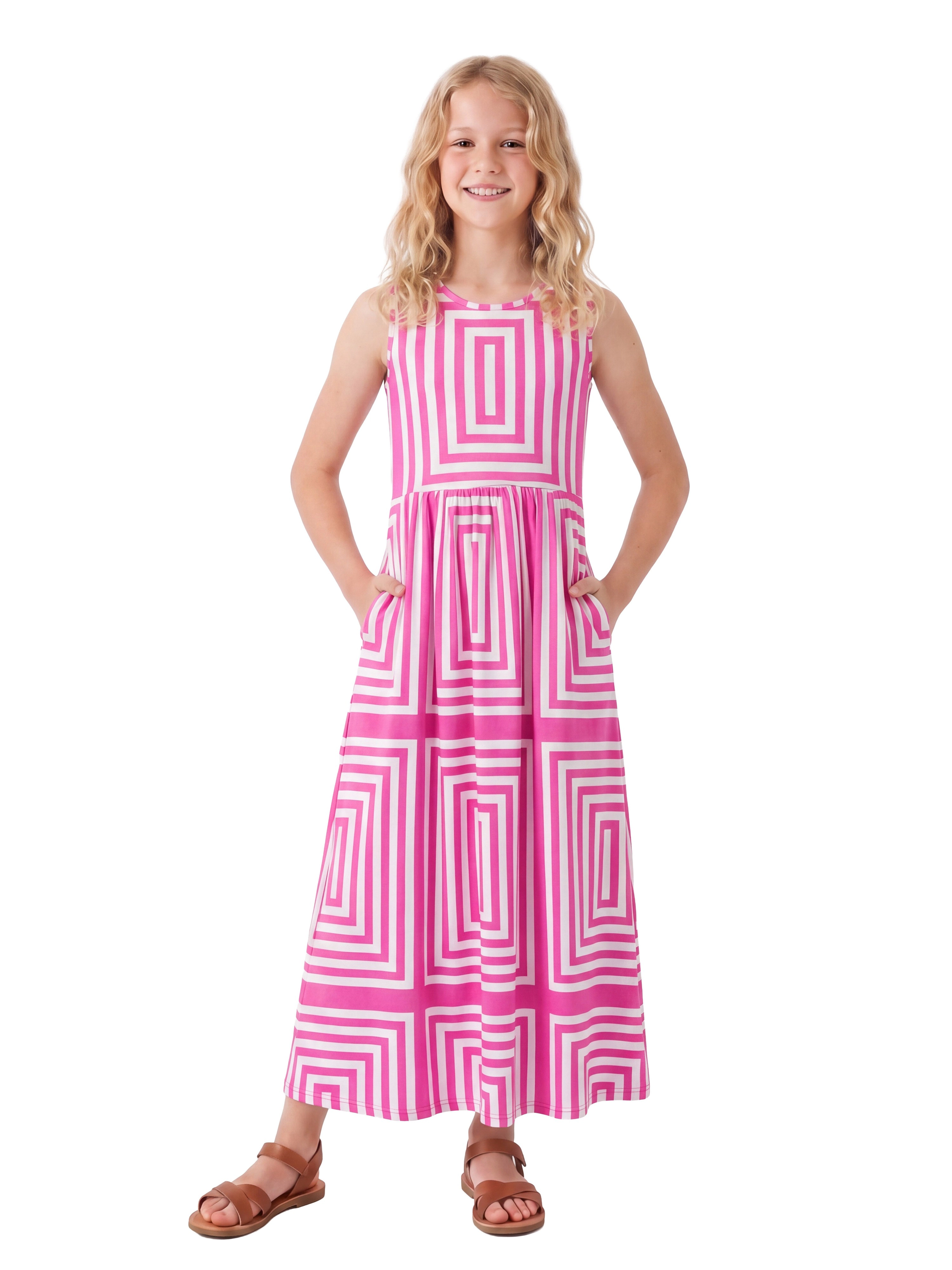 24sevenKid Essential Girls Pink Geometric Print Sleeveless Pocket Maxi Dress