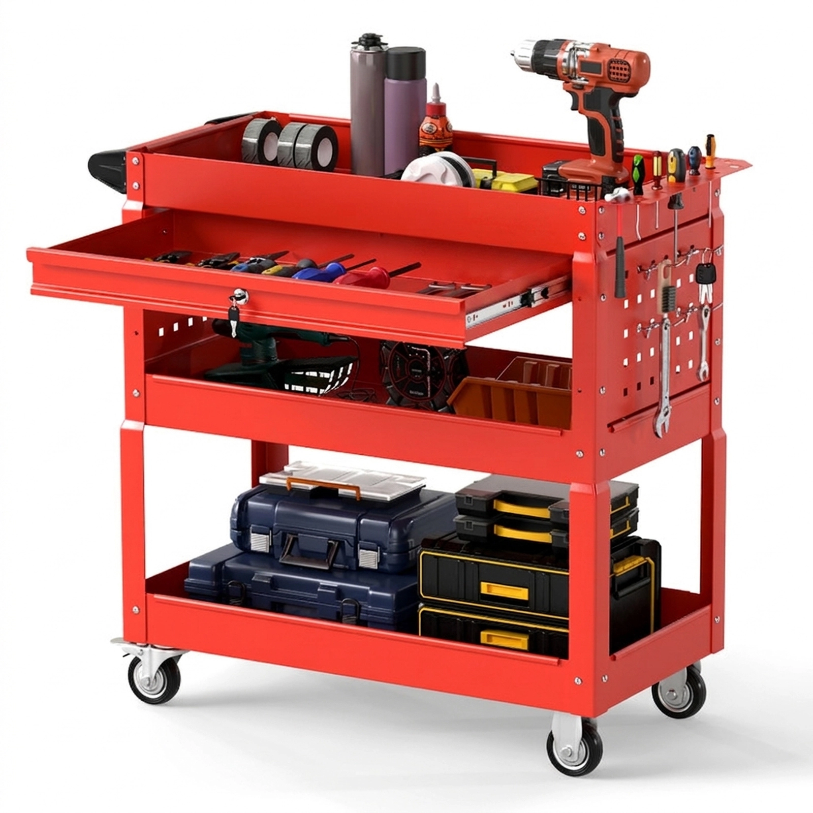SUGIFT 3-Tier Rolling Tool Cart Shelving Unit with Lockable Drawer 350-lb Capacity Garage and Workshop Organizer Red
