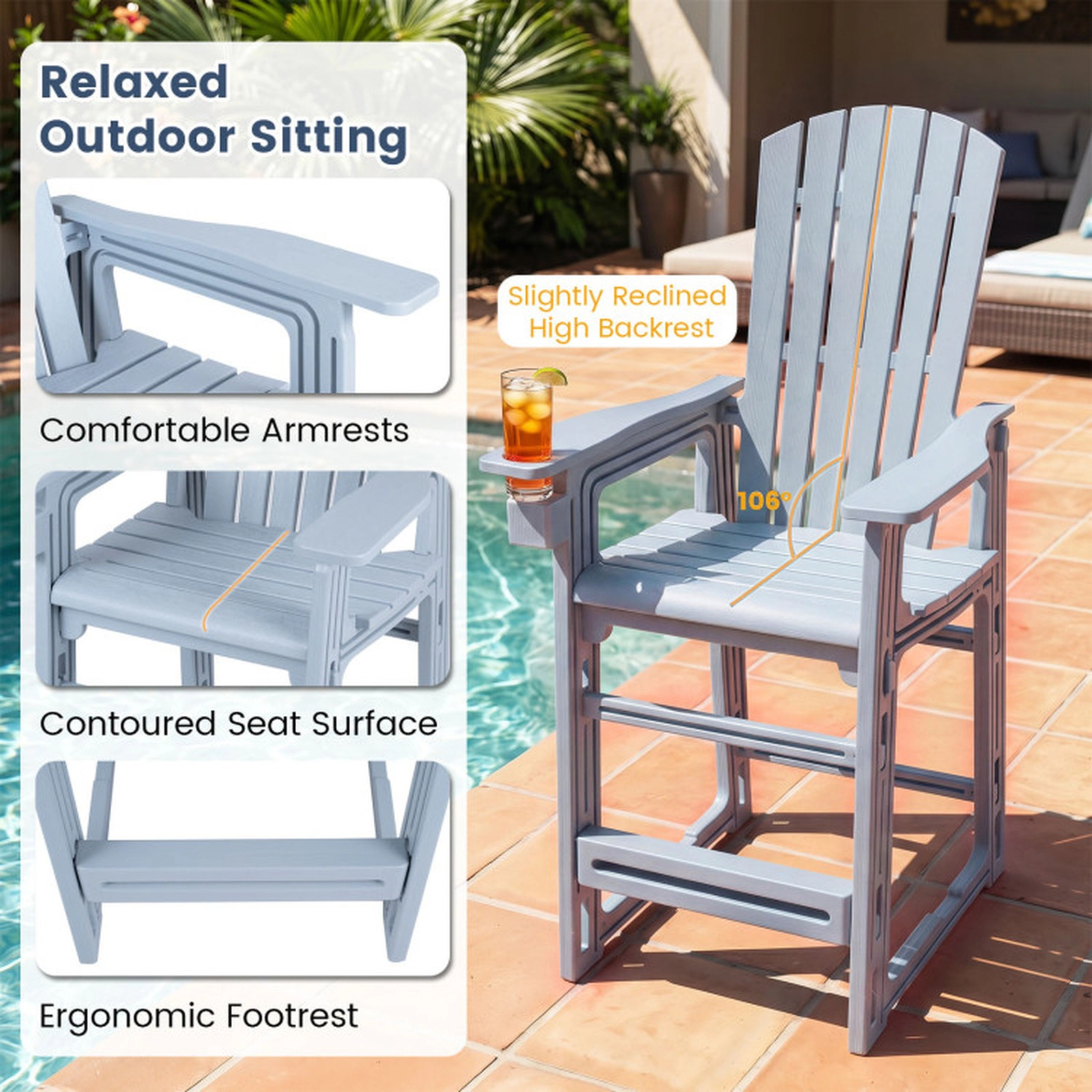 SUGIFT Gray HDPE Adirondack Bar Stool, 29-Inch Seat, Cup Holder, 440-Lb Capacity