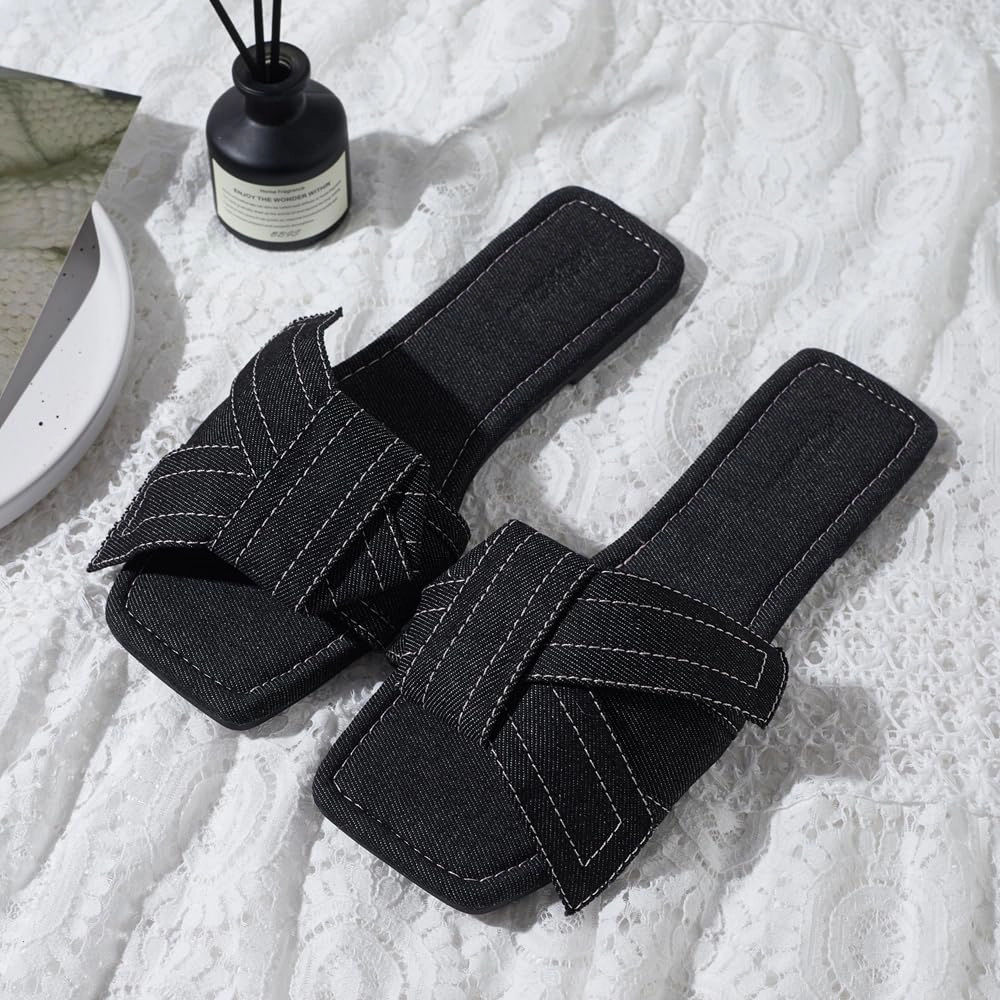 Roxoni Women’s Denim Slide Sandals – Fashionable Open-Toe Slip-Ons for Daily Casual Wear
