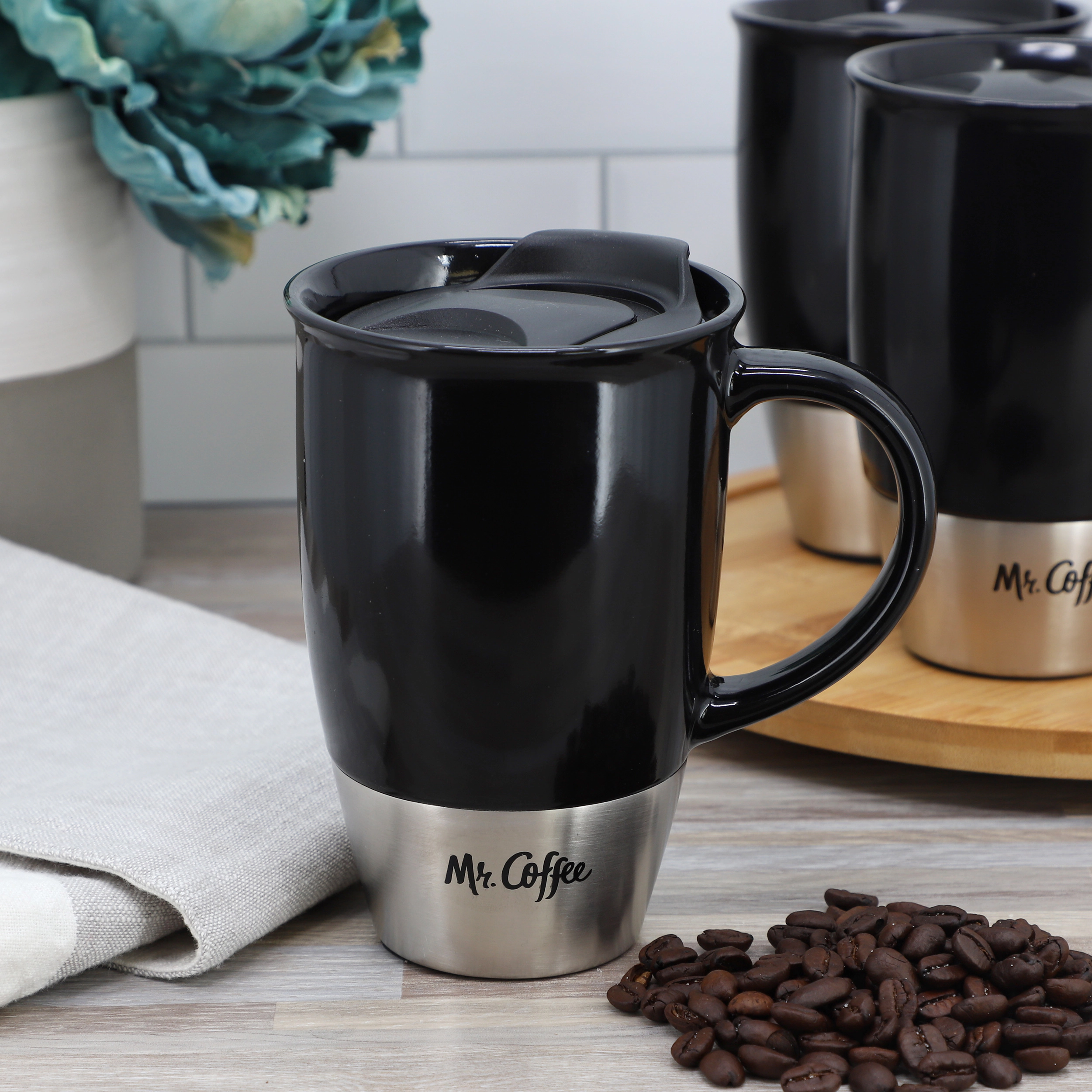Mr. Coffee Coupleton 4 Piece 15 Ounce Stoneware Travel Mug Set in Black with Lid