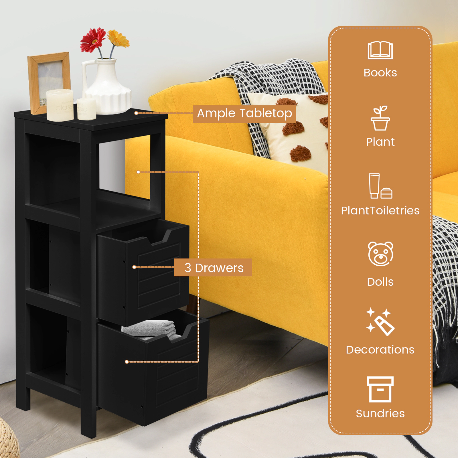 Slickblue Black Storage Organizer Cabinet with 2 Drawers and Open Display Shelf