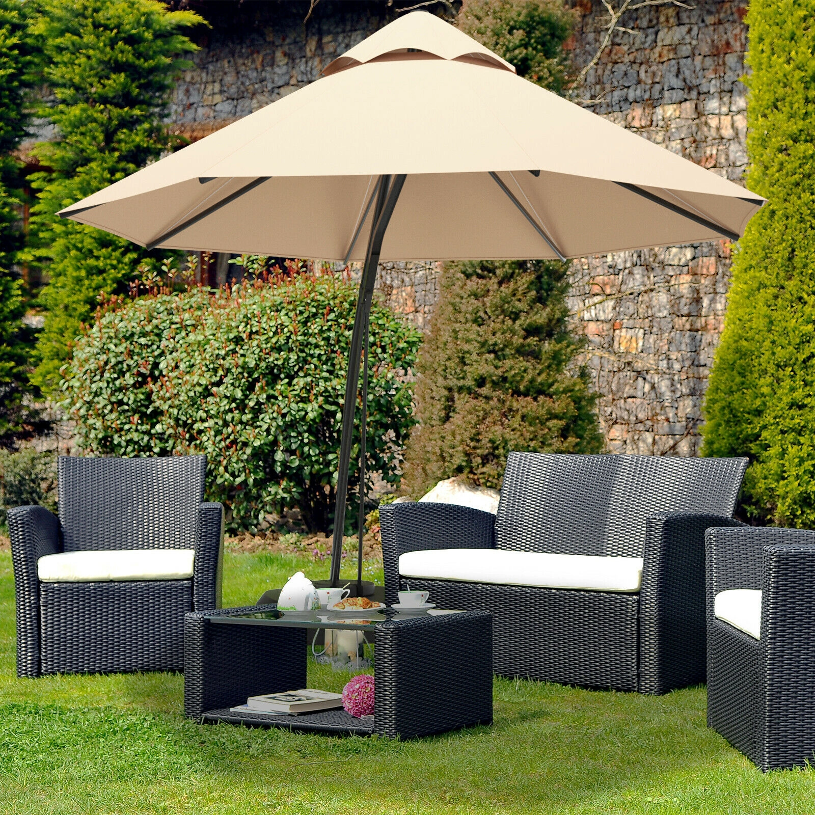 SUGIFT 11-ft Beige Offset Cantilever Patio Umbrella with Rolling 330-lb Weighted Base and 360 Rotation