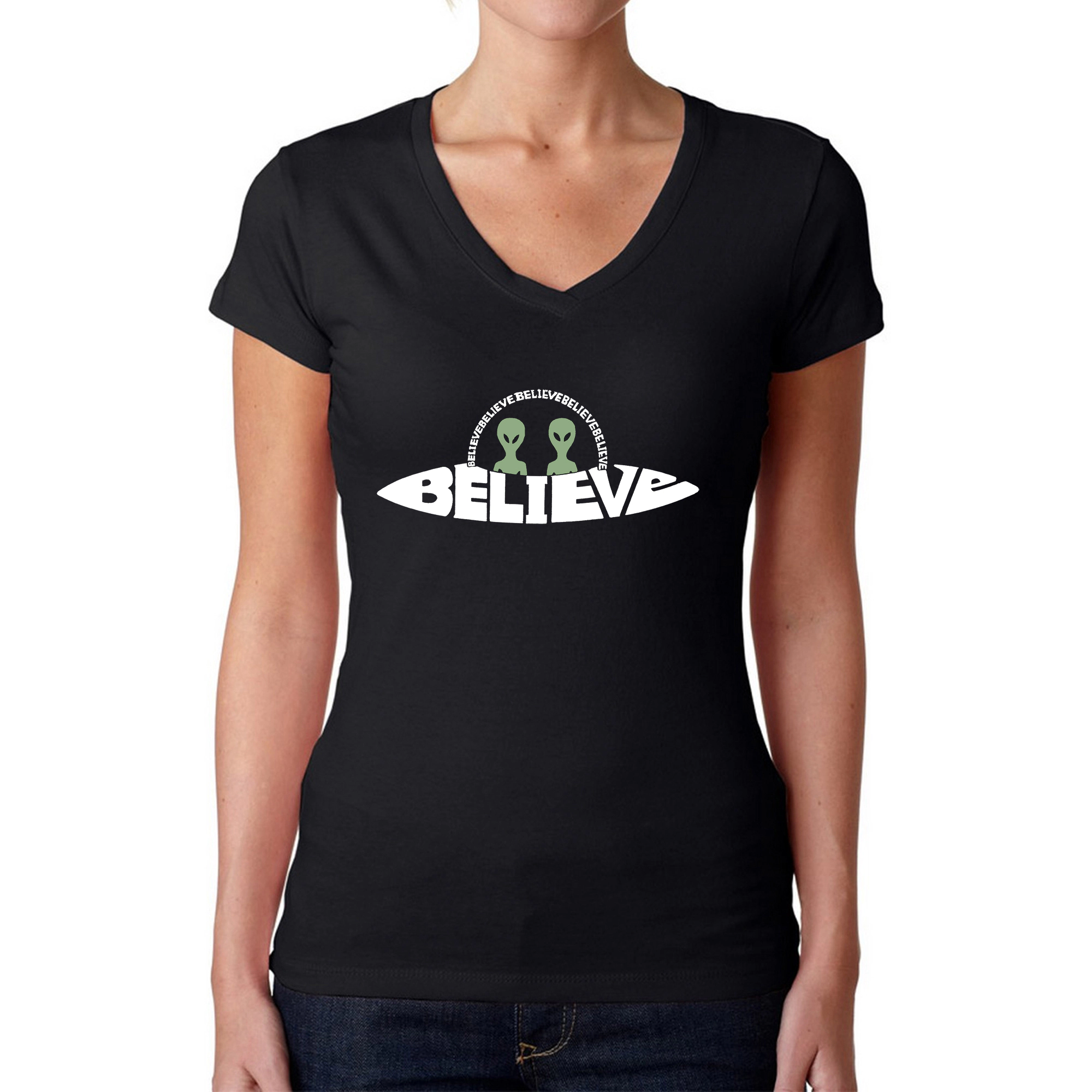 LA Pop Art Womens Word V-Neck T-Shirt - Believe UFO