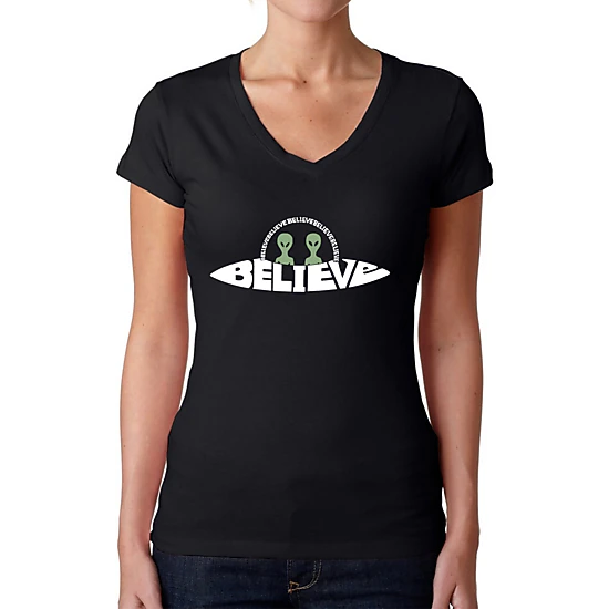 LA Pop Art Womens Word Art V-Neck T-Shirt - Believe UFO