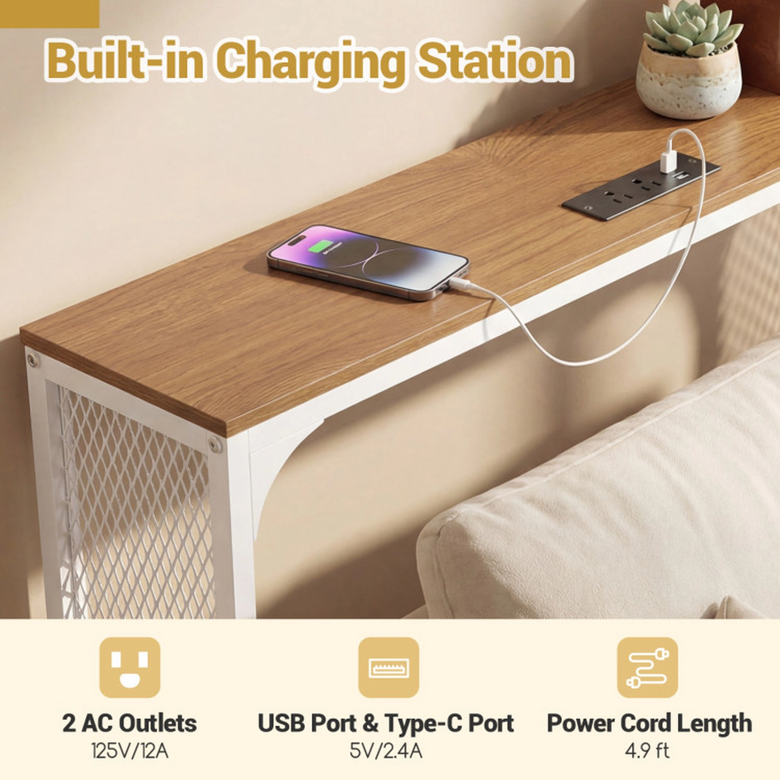 SUGIFT Narrow Reversible Charging Station White Metal Frame Console Table 71-in x 8-in x 32-in 100-lb Capacity Natural
