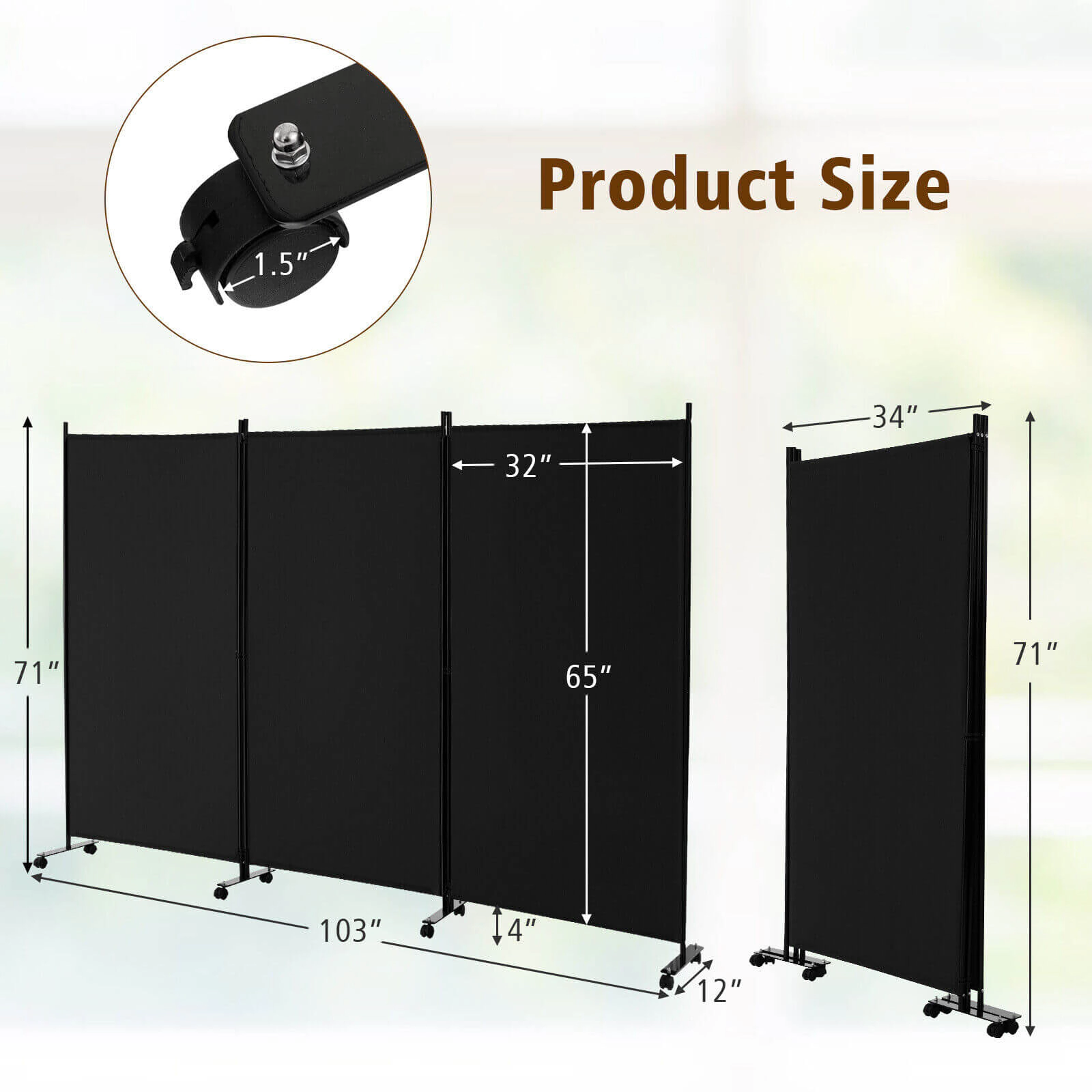 SUGIFT Black 3-Panel Folding Room Divider Privacy Screen with Lockable Wheels and 32-in by 65-in Panels