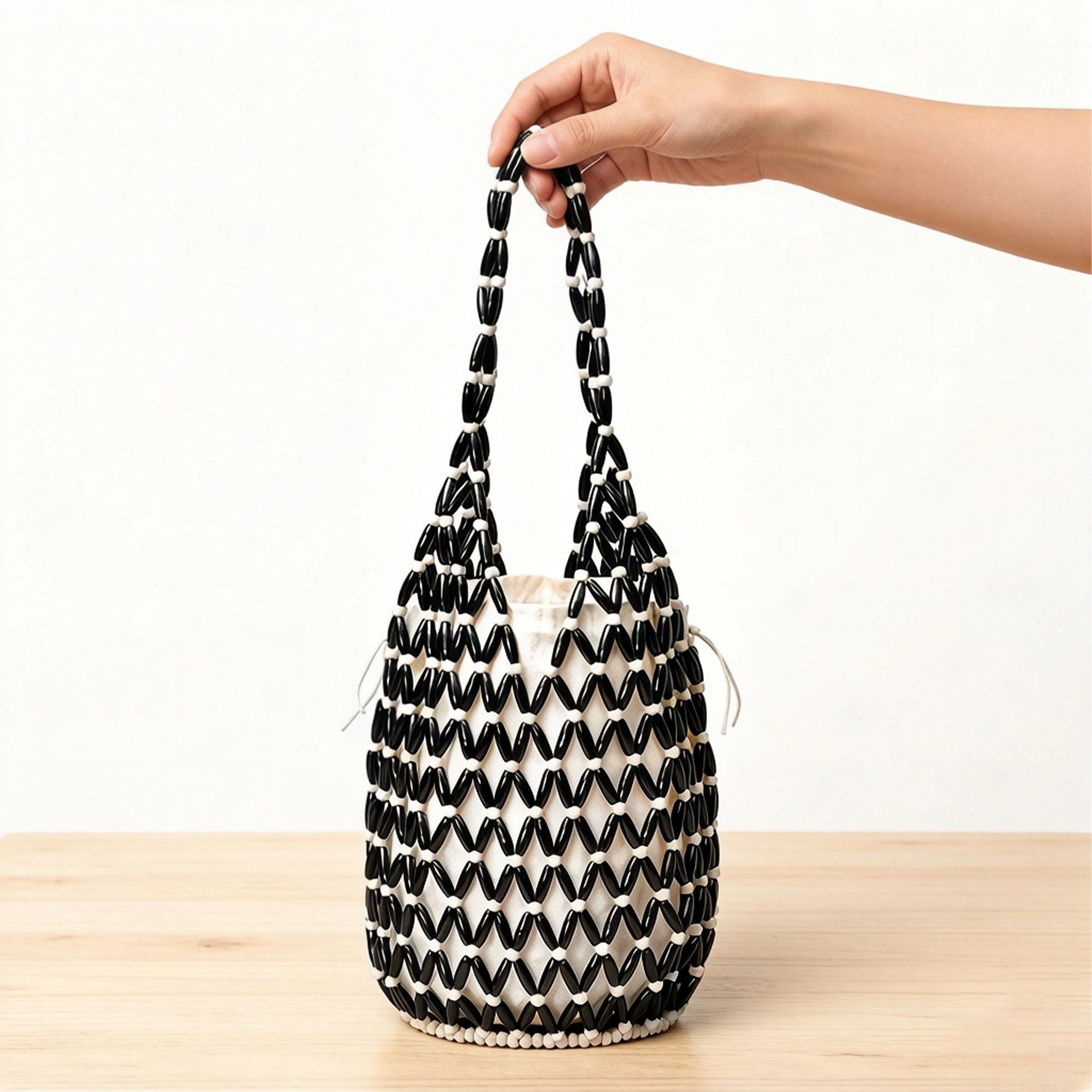 Alilang Women's Beaded Bucket Bag with Inner Pouch Open Weave Wooden Bead Shoulder Handbag Lightweight Drawstring Tote