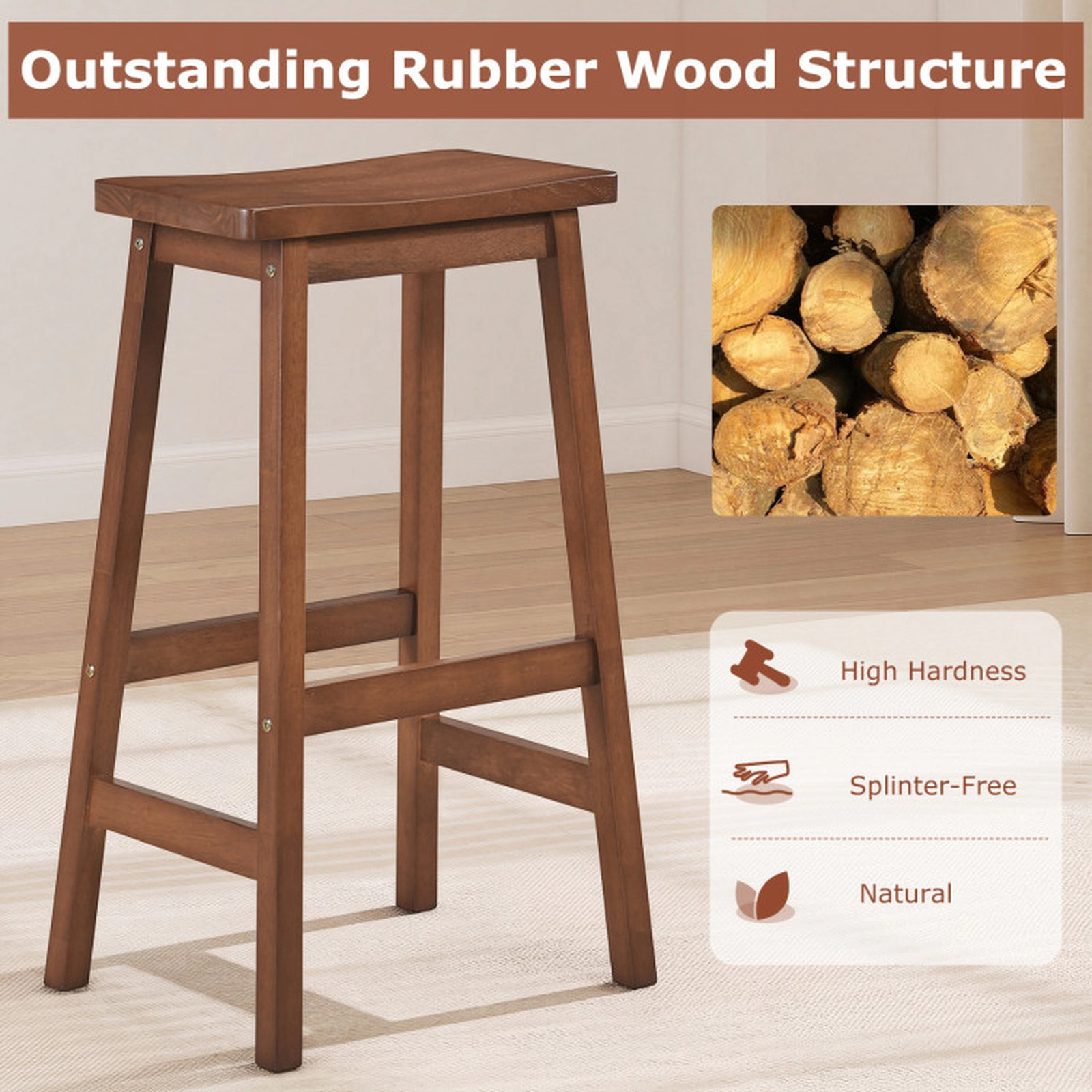 SUGIFT Set of 2 29 in. Backless Walnut Wood Saddle Bar Stools with Footrests, 330 lb Capacity