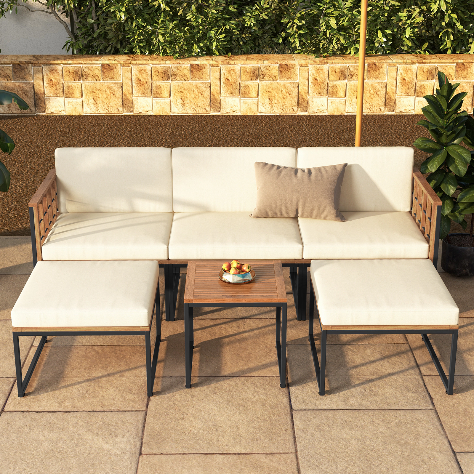 LJG 6 Pieces Acacia Wood Patio Furniture Set with Coffee Table and Ottomans
